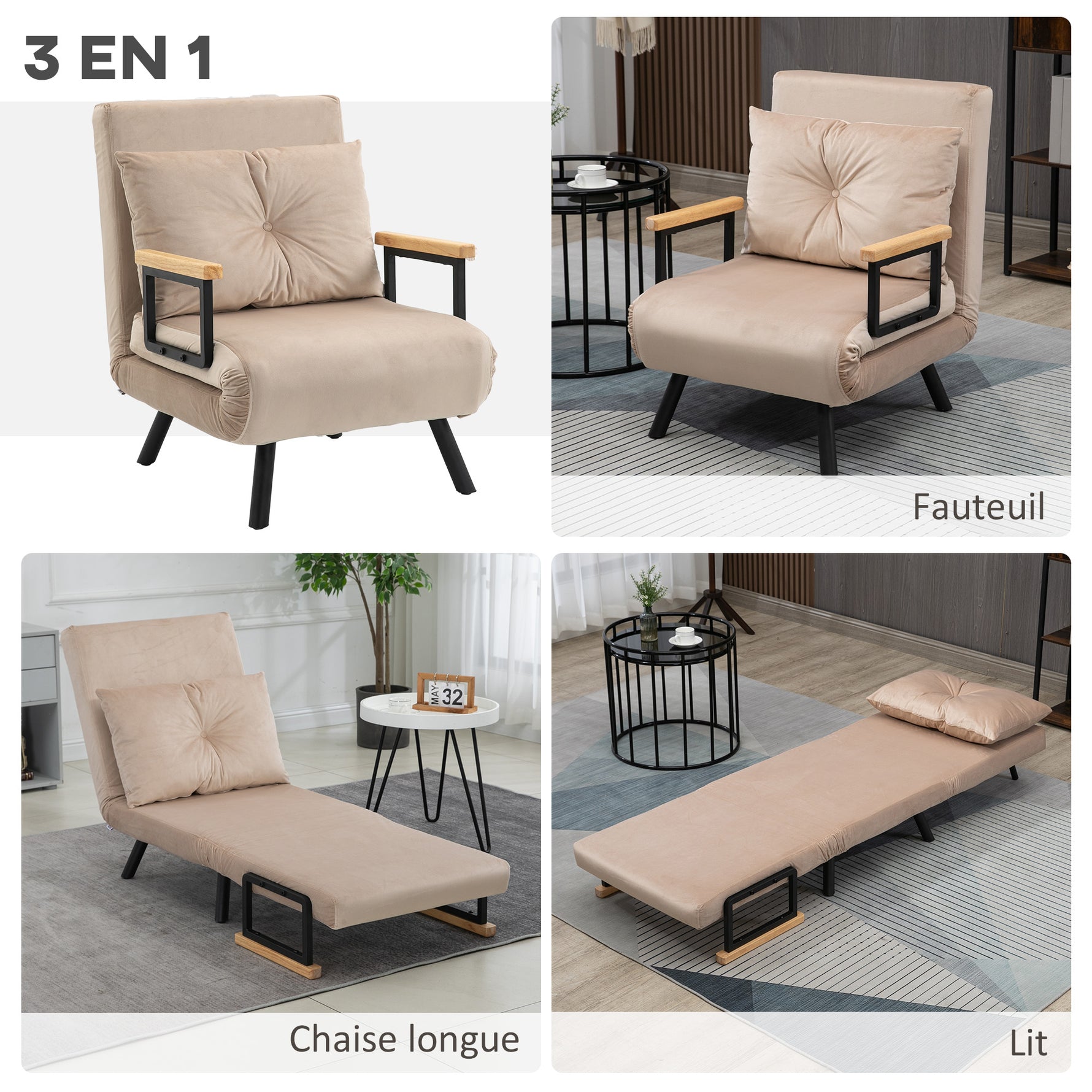 Fauteuil convertible 3 en 1 lit 1 place dossier 5 positions, accoudoirs en bois et coussin, tissu effet velours, beige