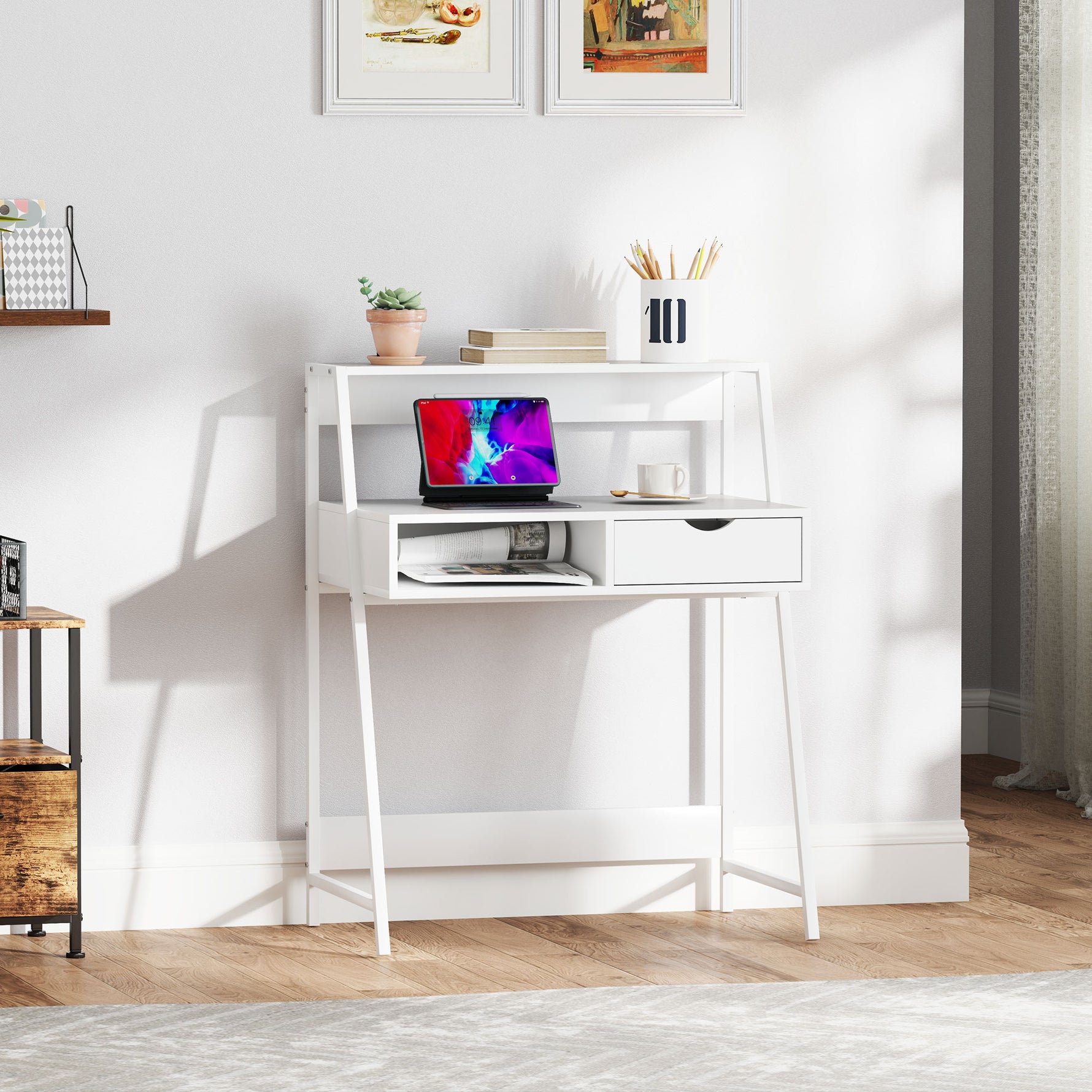 Bureau secrétaire Bureau Informatique Style néo-rétro tiroir Niche étagère métal Blanc