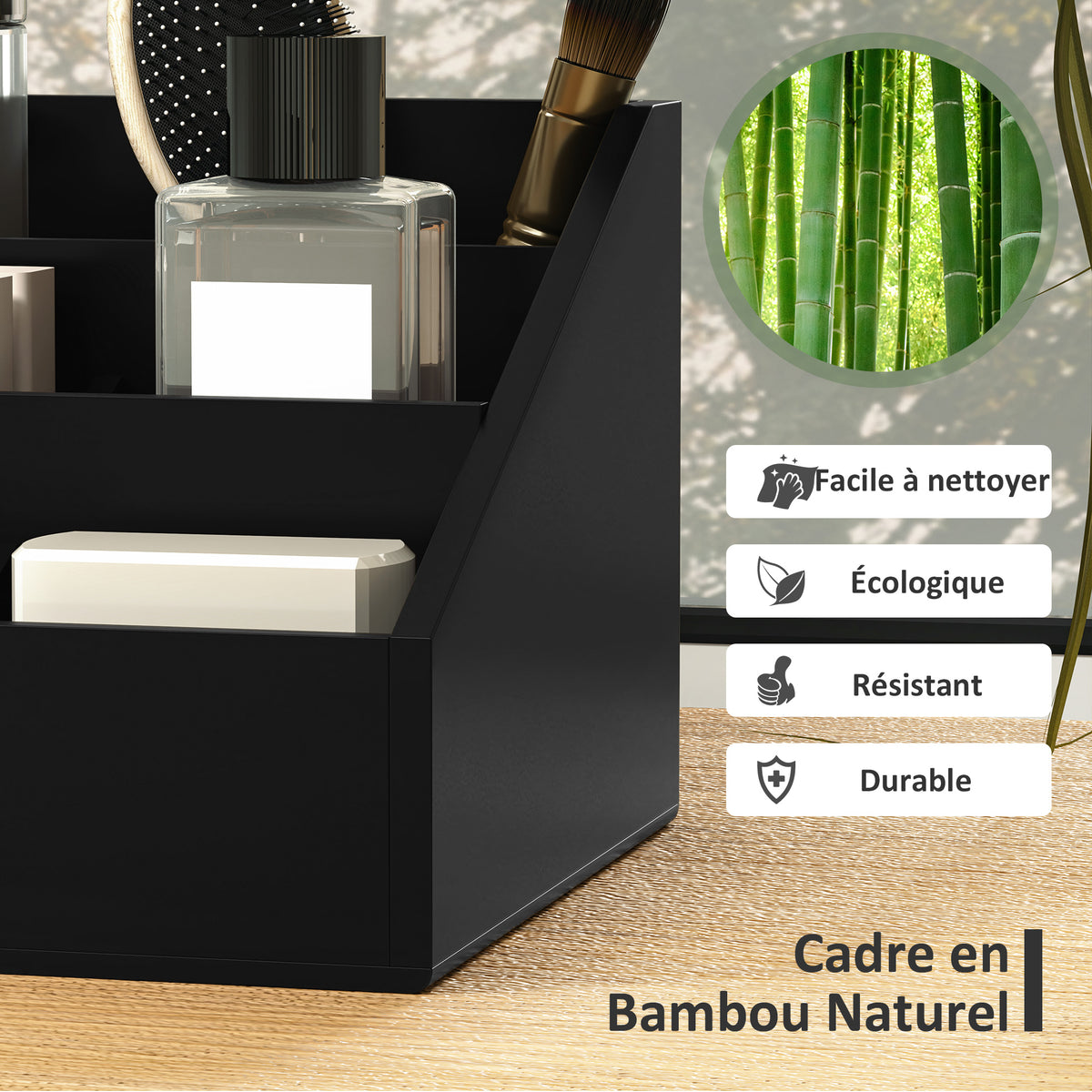 Boite de Rangement de Bureau - Organiseur de Bureau - 7 Compartiments, 2 tiroirs - Bambou Verni Noir