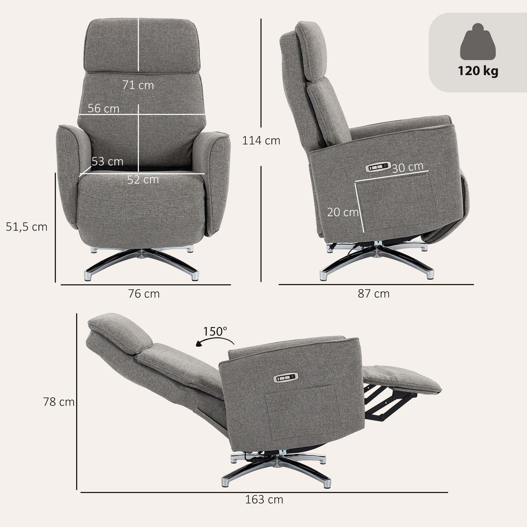 Fauteuil Relax Électrique Pivotant 360°, Fauteuil Inclinable avec Appui-Tête Réglable, Ports USB, Tissu en Lin, Gris