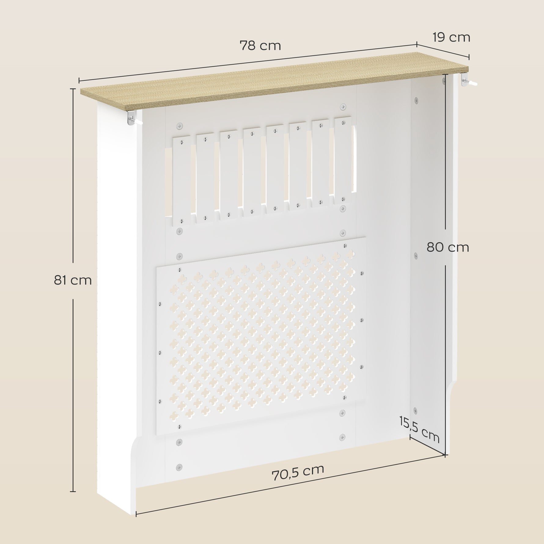 Couvercle de Radiateur en Bois à Lattes avec Détails Croisés et Étagère Supérieure, 78 x 19 x 81 cm, Blanc