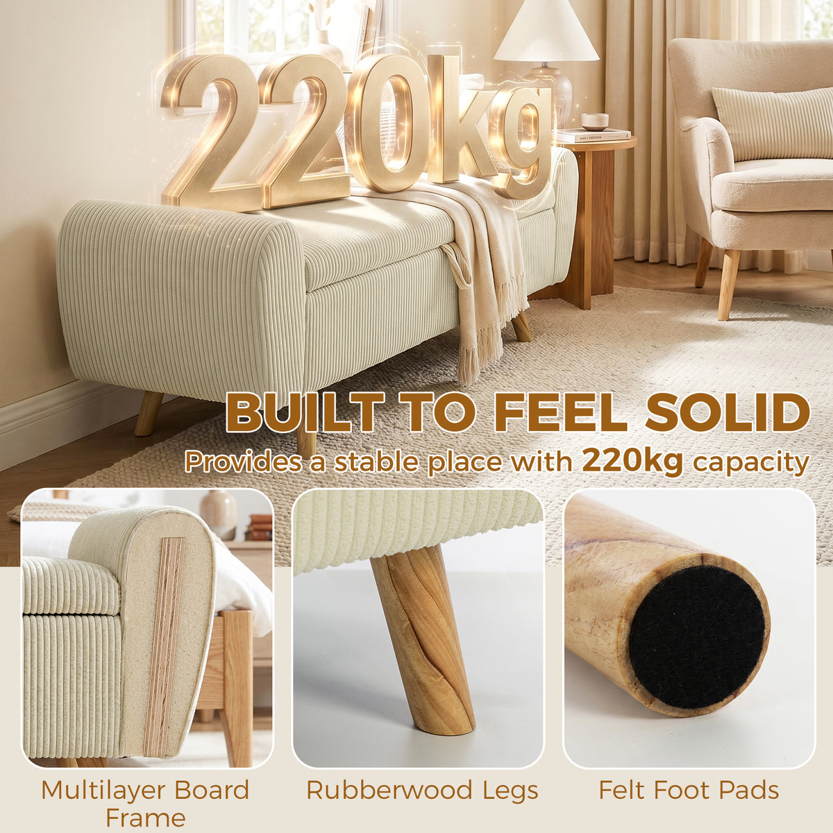Banc de rangement 73 L, coffre de rangement rembourré en velours côtelé avec accoudoirs et pieds en bois d'hévéa, beige