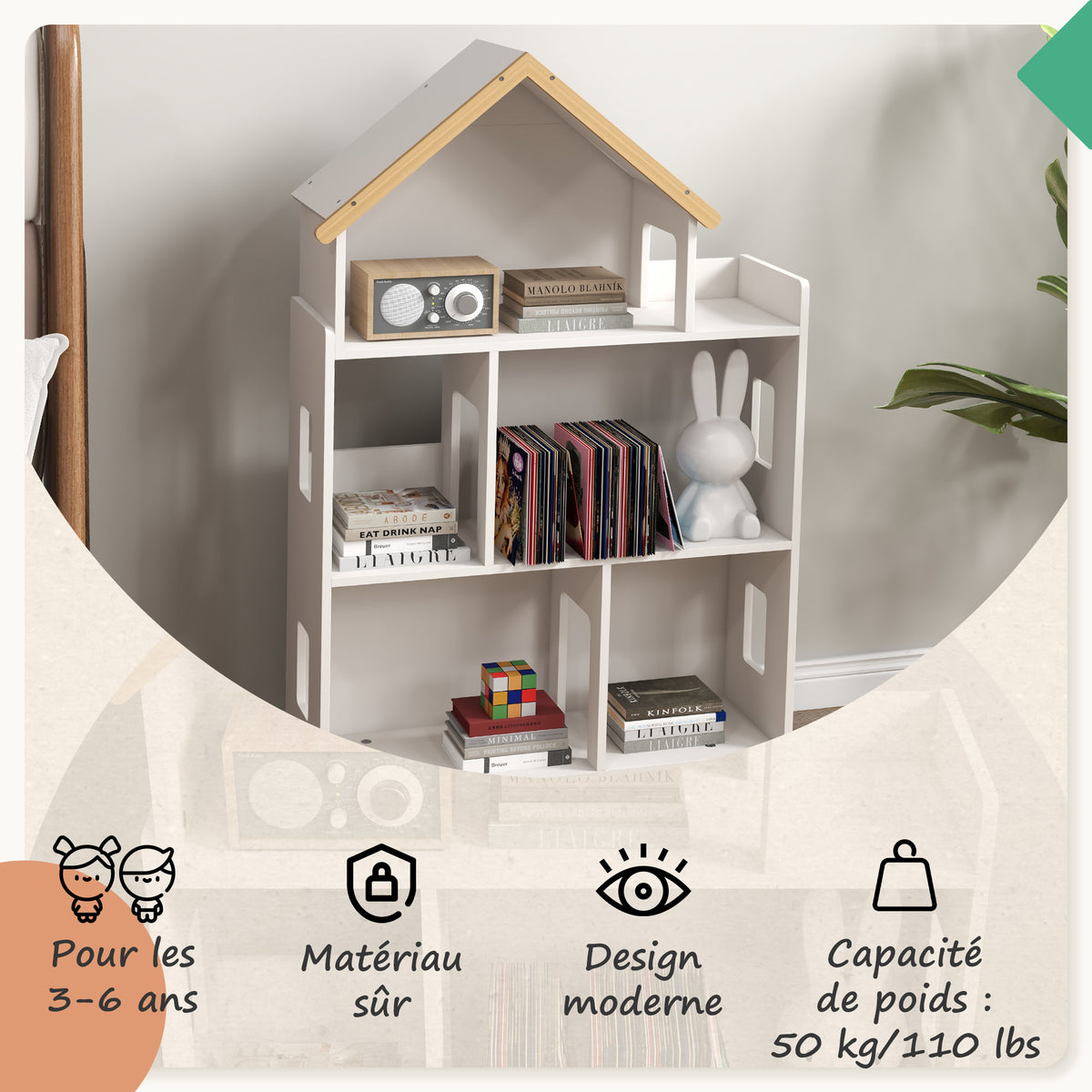 Libreria a forma di casetta per bambini, scaffale portaoggetti per giocattoli e libri, 3 livelli, 65 x 25 x 108,5 cm, bianco e naturale