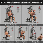Station de Musculation Multifonction à Disques Libres, avec Banc Amovible, 136x107x205cm, Noir et Rouge