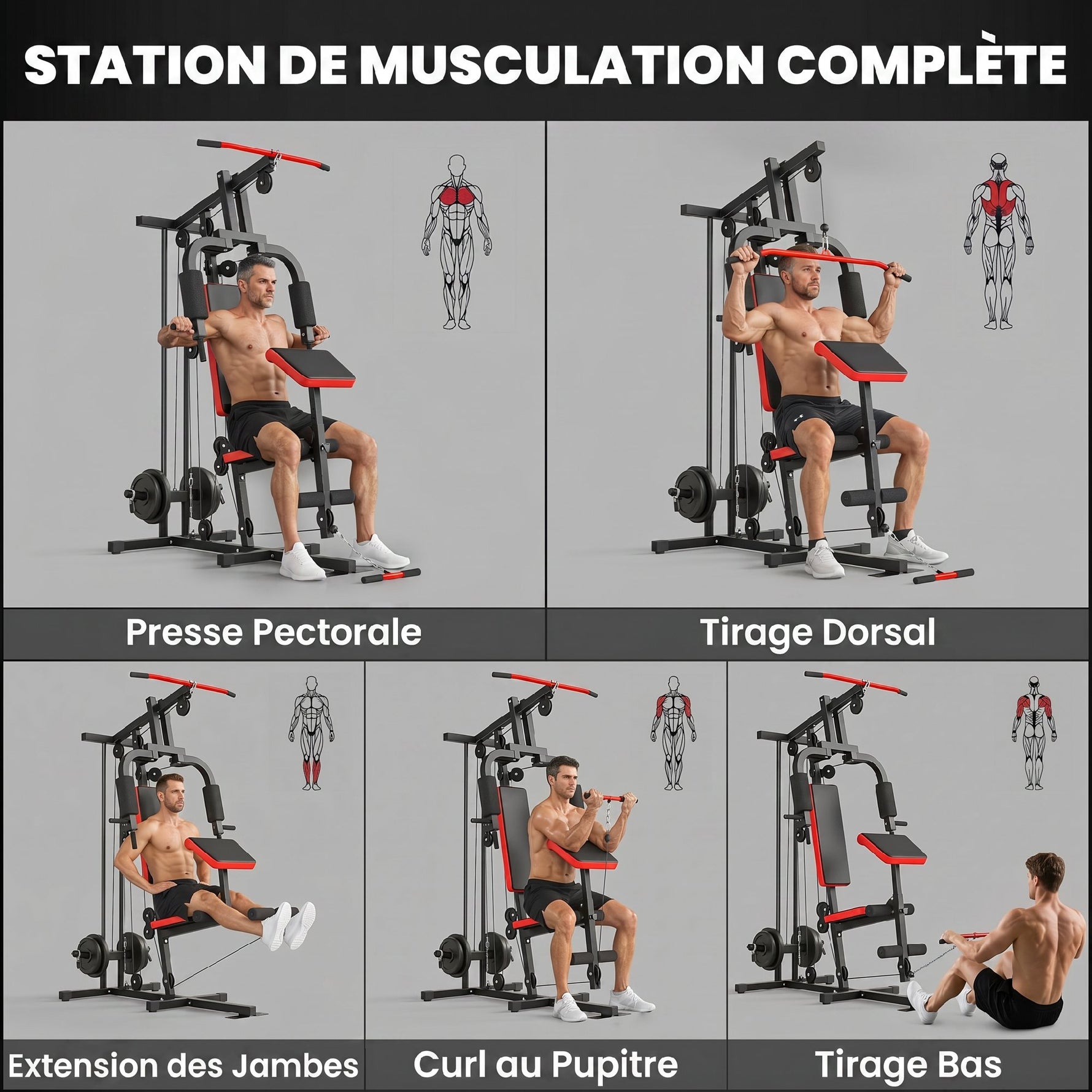 Station de Musculation Multifonction à Disques Libres, avec Banc Amovible, 136x107x205cm, Noir et Rouge