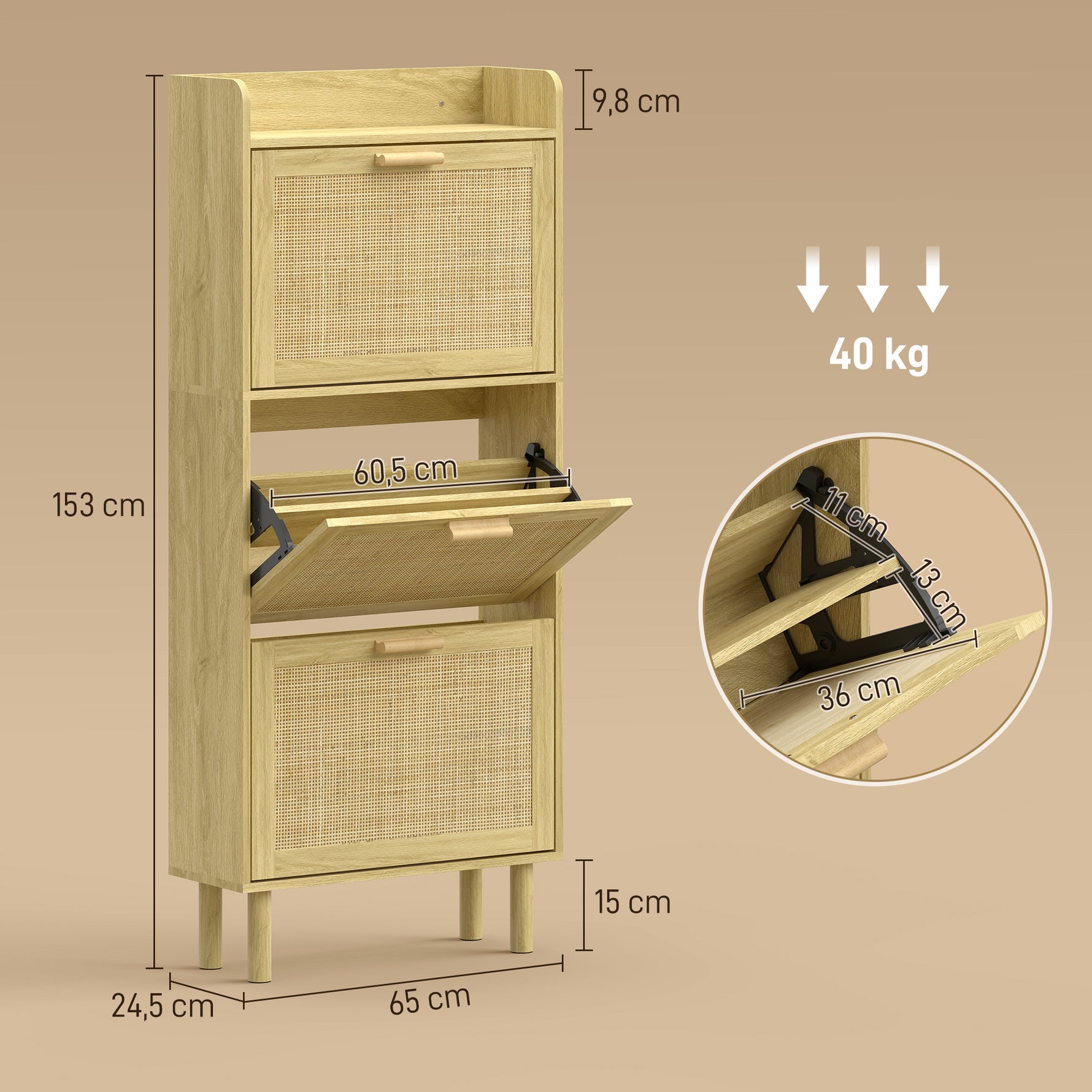 Meuble à chaussures 18 paires, armoire à chaussures étroite avec 3 tiroirs rabattables, étagères réglables, chêne