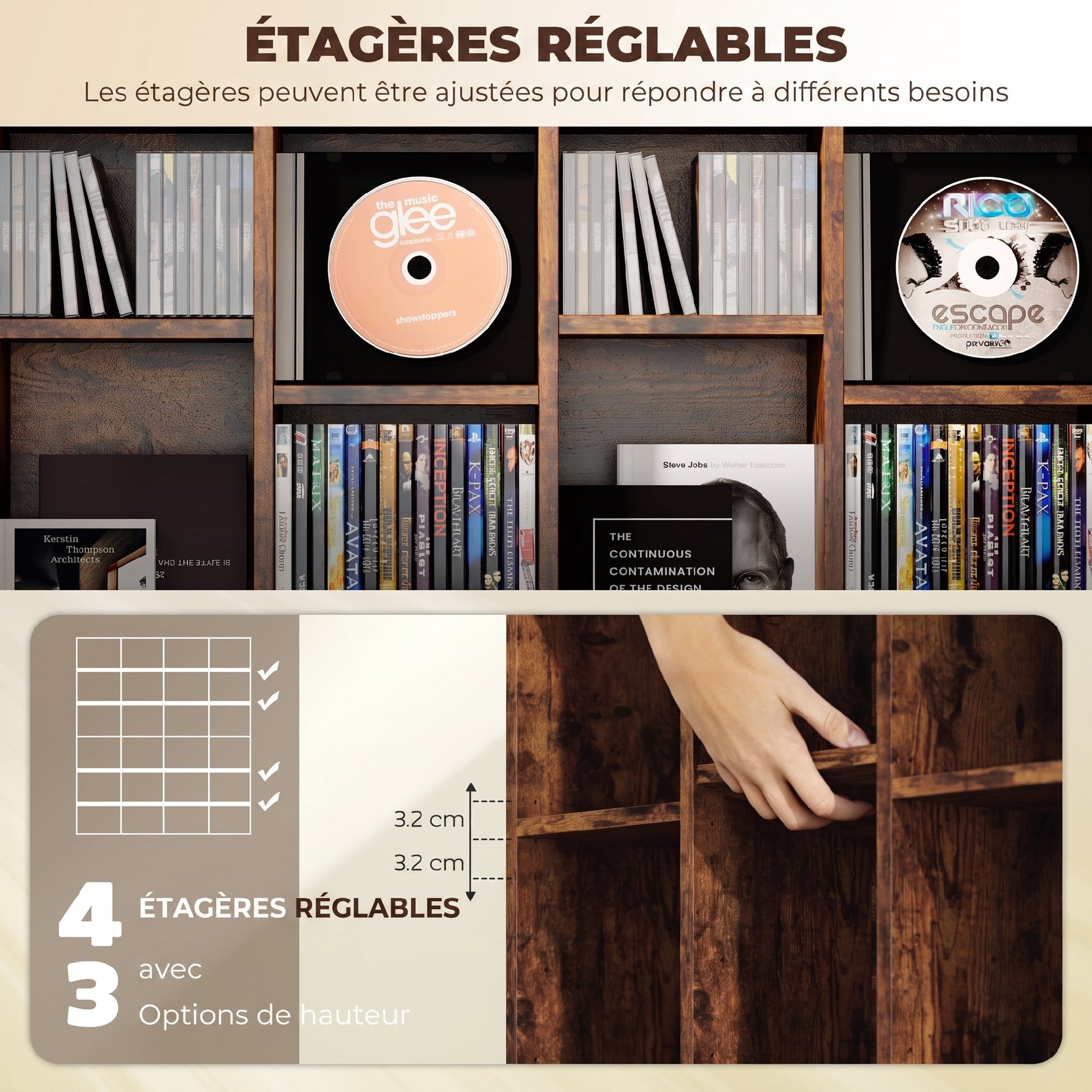 Meuble de Rangement 456 CDs / 336 DVDs, Étagère Multimédia, 24 Compartiments et 16 Étagères Ajustables, Marron