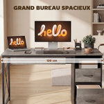 Bureau d'ordinateur, 120×50cm, bureau avec rangement, plateau clavier, compartiment ouvert et 2 tiroirs, gris