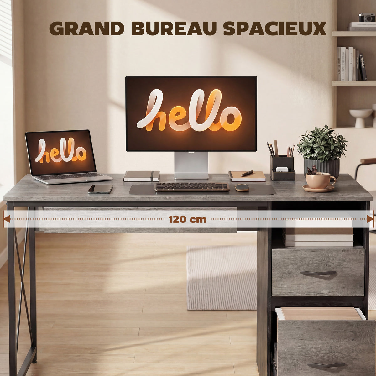 Bureau d'ordinateur, 120×50cm, bureau avec rangement, plateau clavier, compartiment ouvert et 2 tiroirs, gris