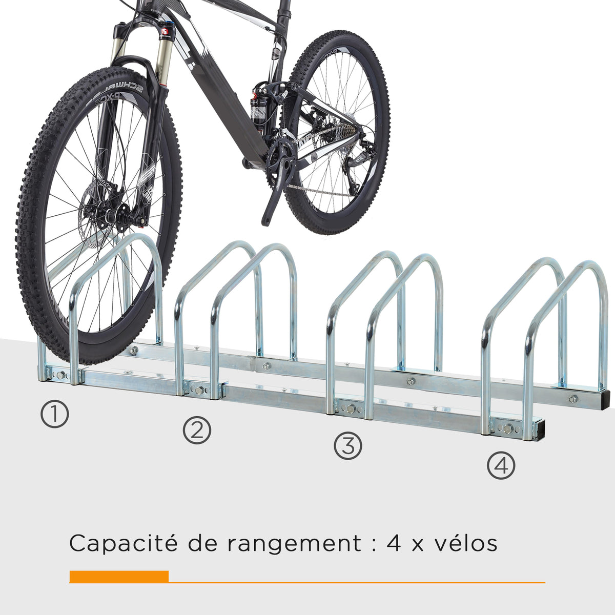 Râtelier 4 vélos dim. 110L x 33l x 27H cm acier galvanisé argent
