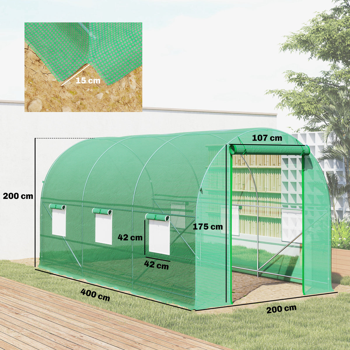 Serre tunnel de jardin 8 m², serre de jardin tunnel avec porte et 6 fenêtres, bâche PE 140 g/m² 400 x 200 x 200 cm vert