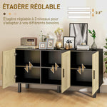 Meuble de rangement avec placards à portes effet cannage, étagères réglables, 136 x 41 x 70 cm, noir et bois naturel