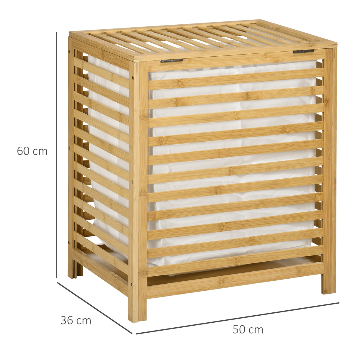 Wäschekorb aus Bambus mit herausnehmbarem Polyester-Baumwoll-Beutel und Deckel - Maße 50L x 36B x 60H cm natur