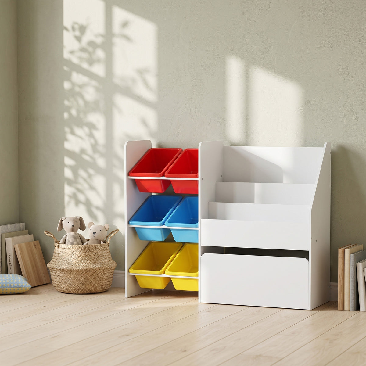 Meuble rangement enfant rangement jouets enfant 6 bacs amovibles et grand coffre à roulettes 100x30x80cm multicolore