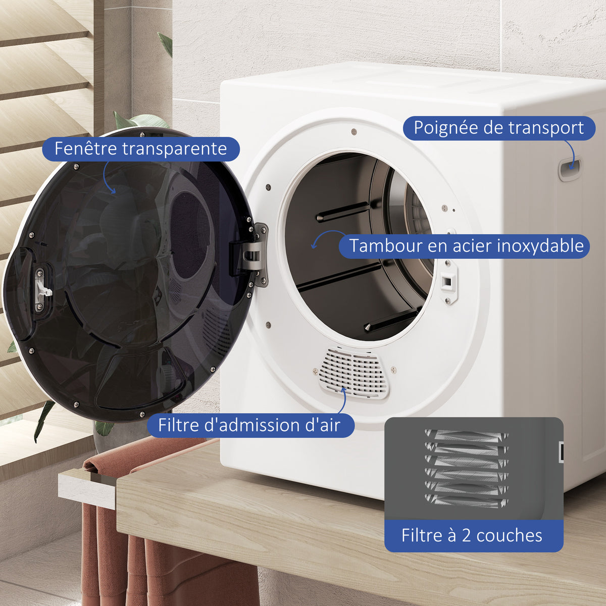 Asciugatrice elettrica portatile 850W, capacità 33L, 4 modalità di funzionamento, acciaio inossidabile, 49L x 40,5P x 60A cm