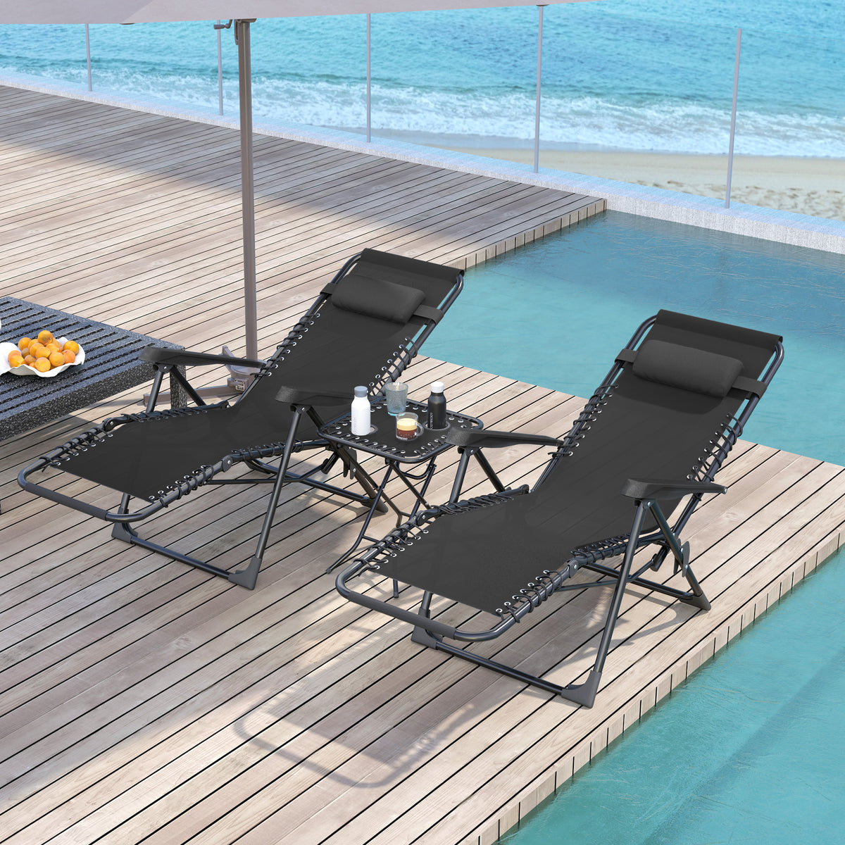 Lot de 2 chaise longue pliable et inclinable avec table d'appoint, porte-gobelets et appuie-têtes, charge 120 kg, noir