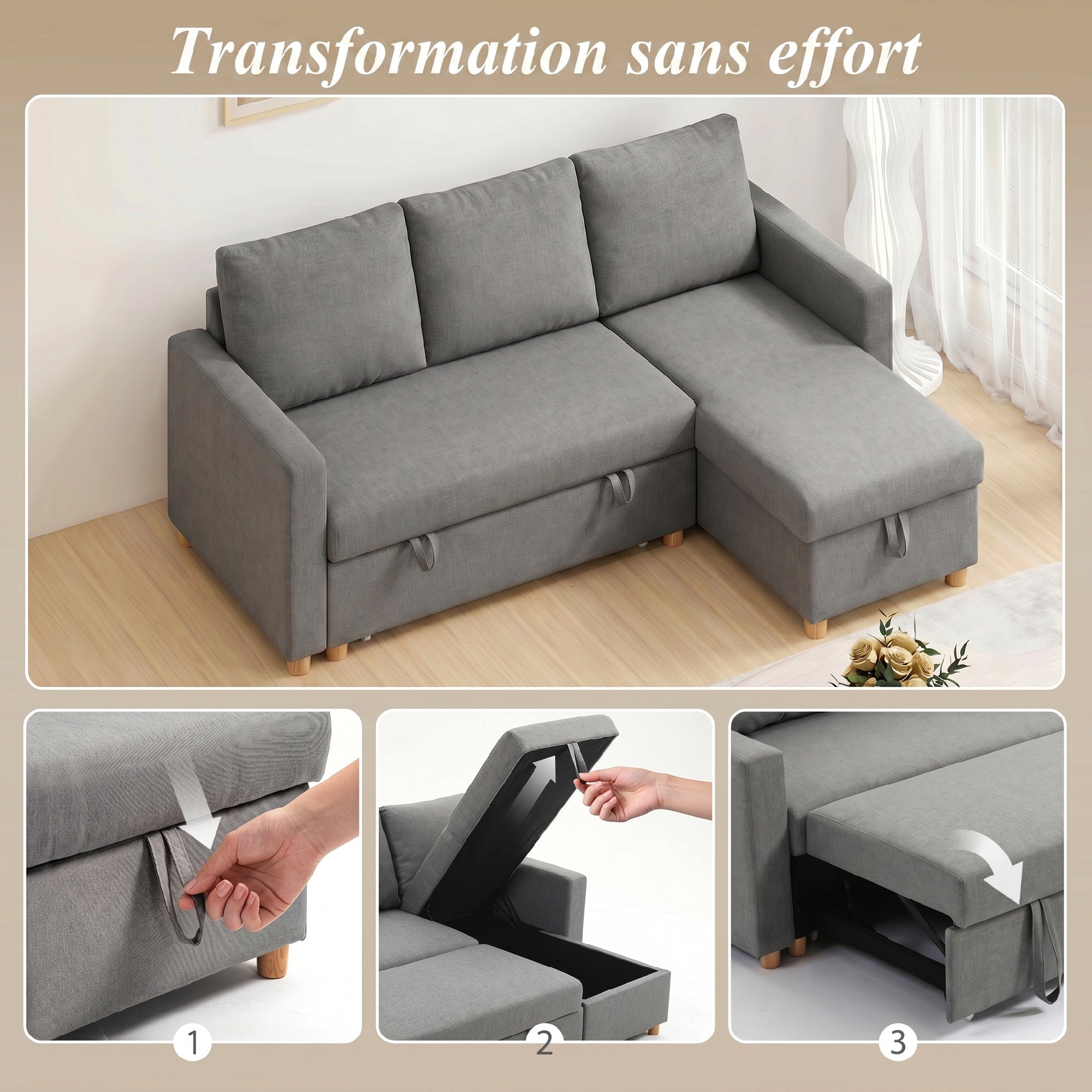 Canapé d'angle convertible canapé lit canapé 3 places modulable avec méridienne réversible, coffre de rangement intégré et 3 coussins de dossier, tissu aspect lin, gris
