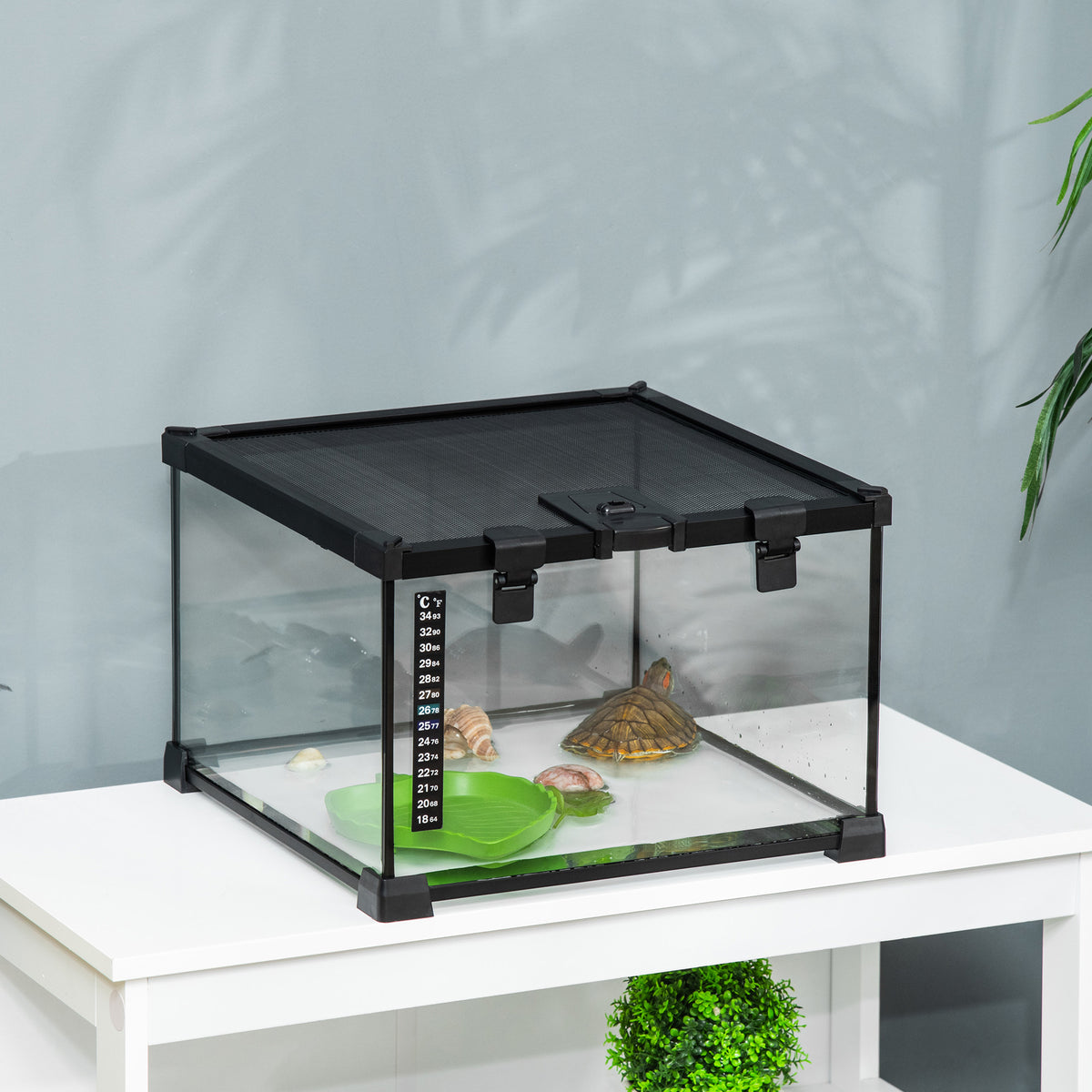 Boîte à Reptiles, Habitat de Terrarium Transparent, Couvercle Coulissant en Treillis Métallique, 30 x 30 x 20 cm, Noir