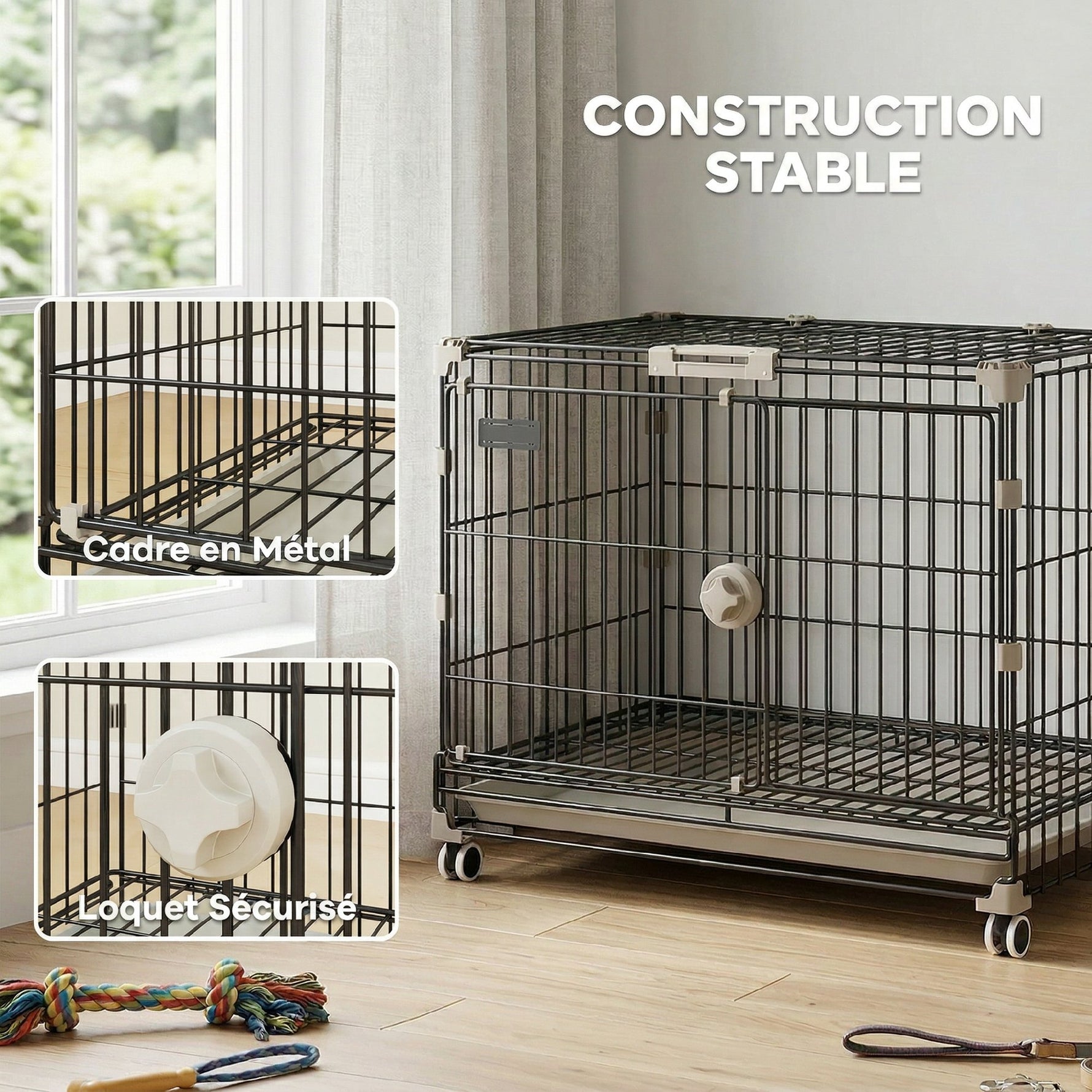 Cage pour Chien, Plateau Amovible, Roues avec Freins, Toit Ouvrant Verrouillable, 60,5x45,5x54,5cm, Noir