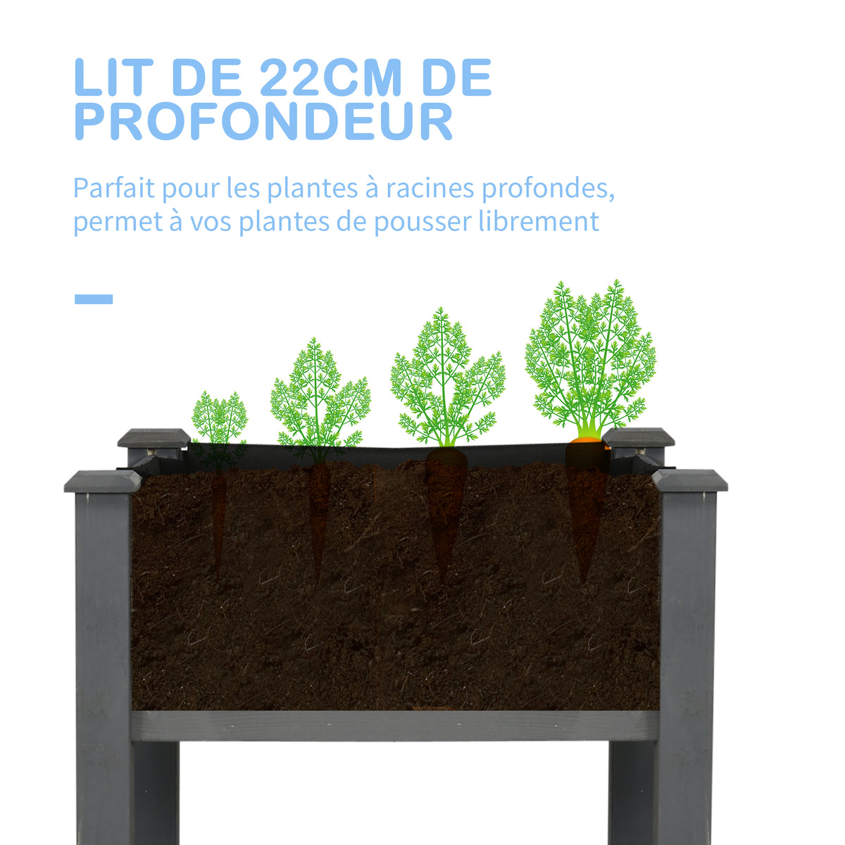 Jardinière sur Pieds Potager dim. 122,5L x 56,5l x 76H cm Inserts d'irrigation + Feutre de Drainage Bois Massif Sapin