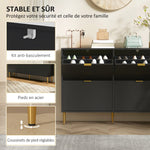 Meuble à chaussures 20 paires avec 4 tiroirs rabattables, portes cannelées et étagères réglables, 105x24x91,5cm, noir
