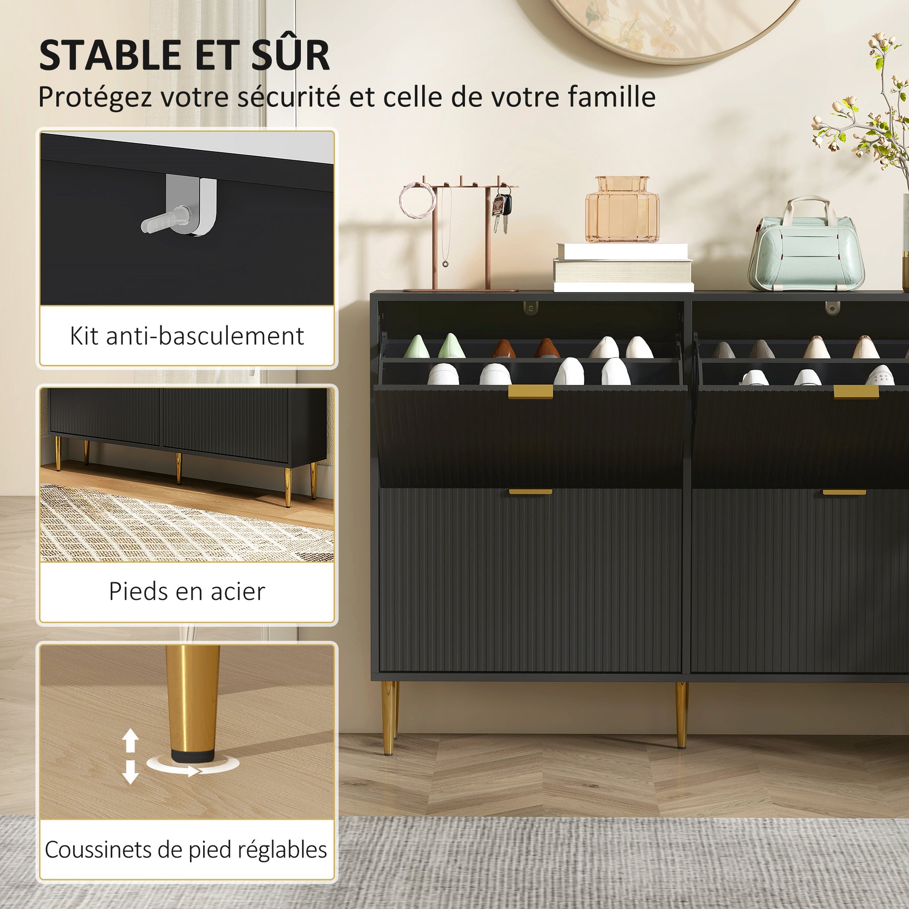 Meuble à chaussures 20 paires avec 4 tiroirs rabattables, portes cannelées et étagères réglables, 105x24x91,5cm, noir