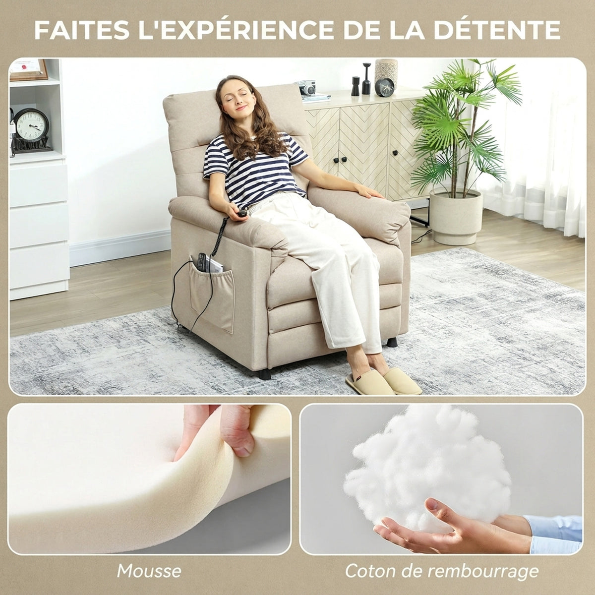 Electric Massage and Heating Recliner Armchair in Velvet, Ultra-Quiet, Reclining, USB Port, 82x99x106cm, Beige