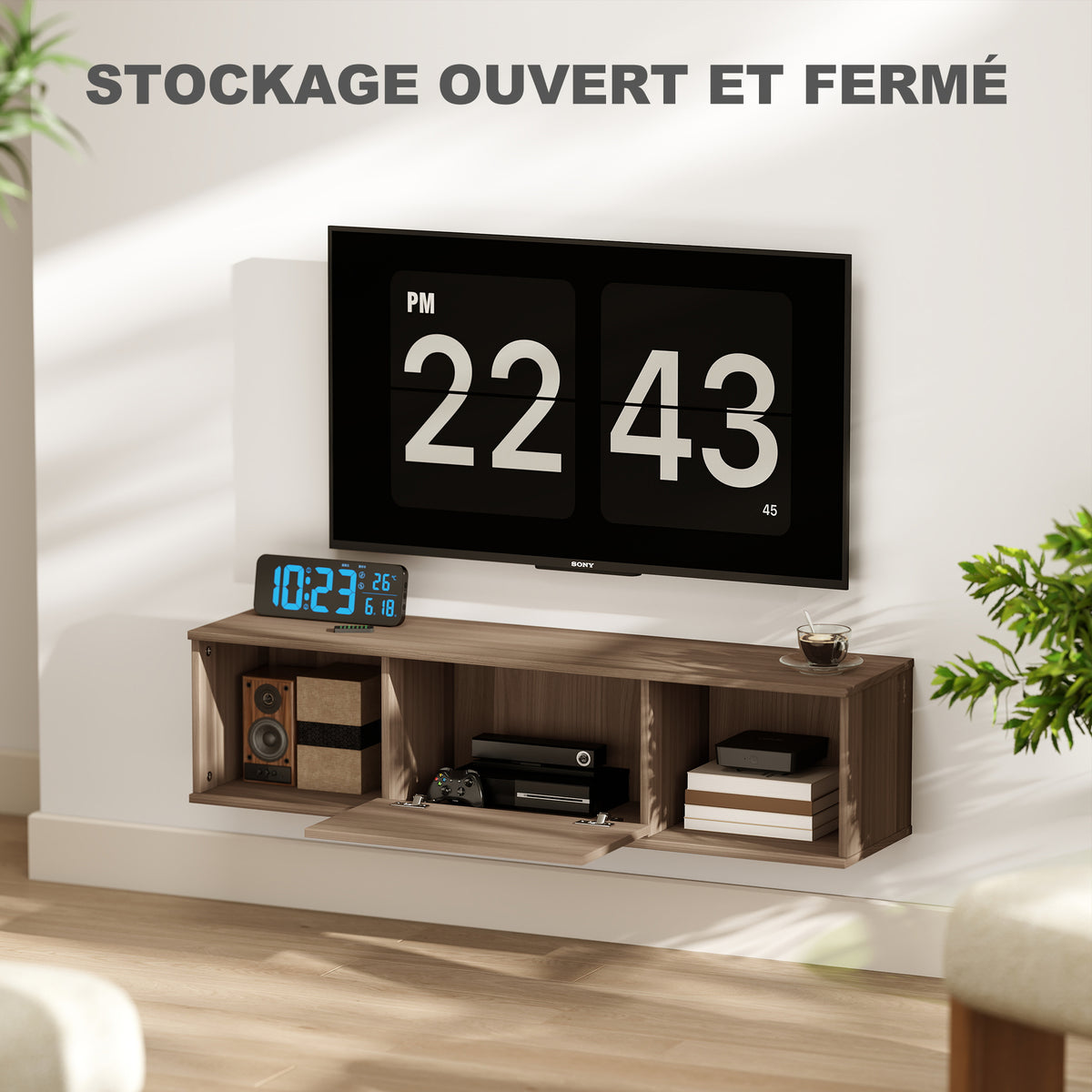 Meuble TV suspendu, Armoire murale avec 2 compartiments ouverts et porte rabattable, 120 x 30 x 29,5 cm, marron