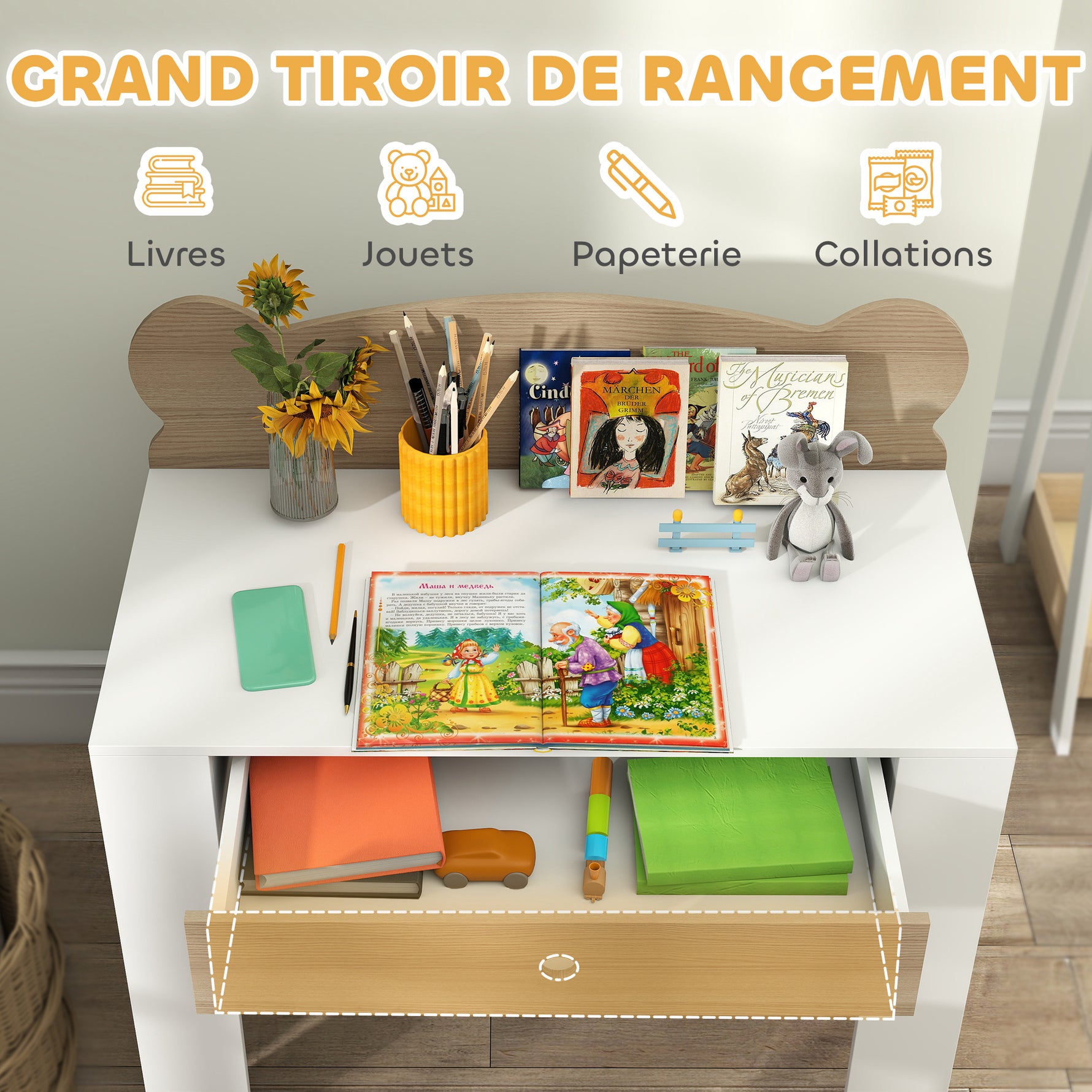Bureau enfant avec chaise, table enfant et chaise avec tiroir et large plateau, 80 x 41 x 74,5 cm, bois naturel