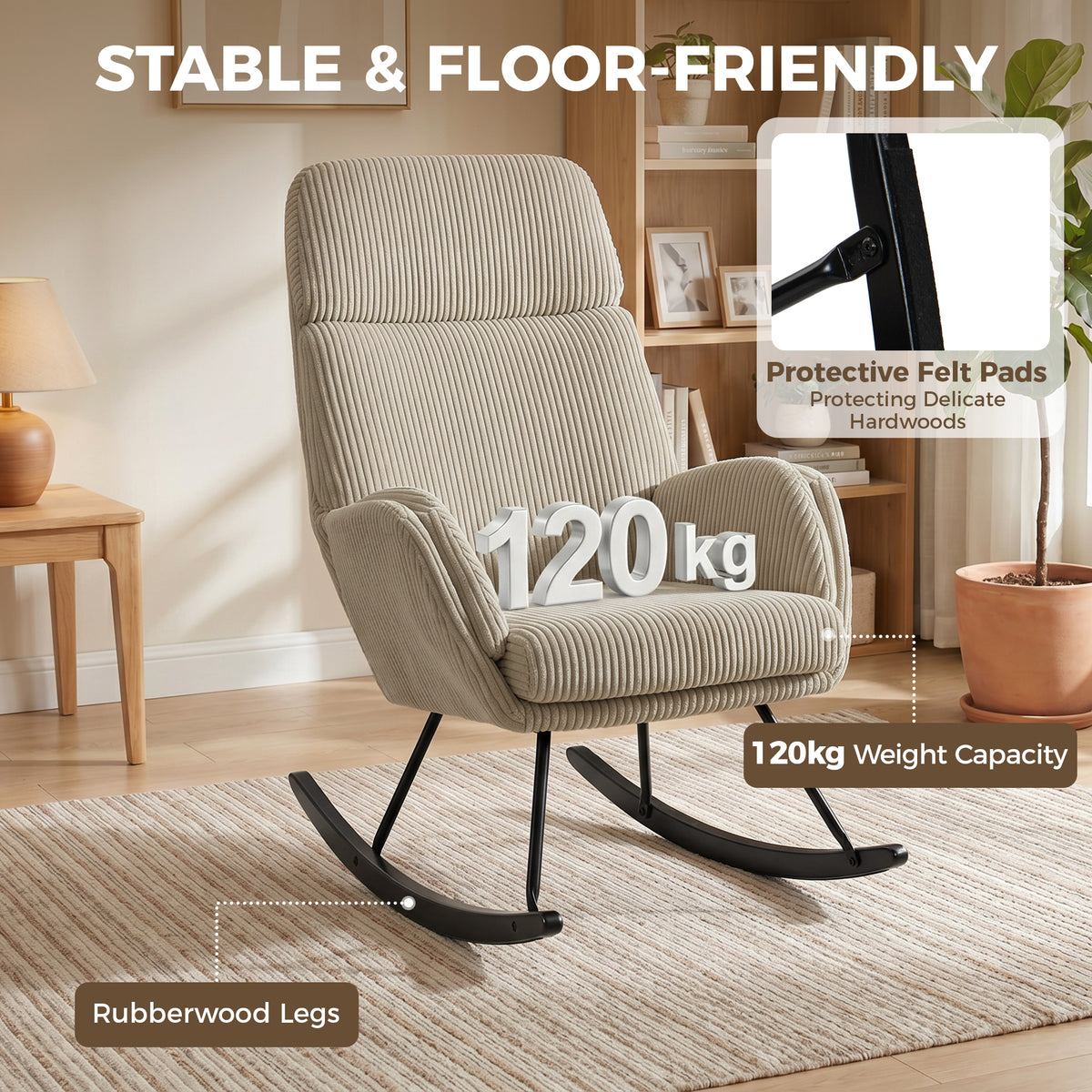 Fauteuil à Bascule, Rocking Chair en Velours Côtelé avec Dossier Haut et Accoudoirs, Pieds en Bois d'hévéa, Beige