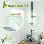 Arbre à chat du sol au plafond, tour à chat réglable en hauteur 225-255 cm à plusieurs niveaux, revêtement peluche, gris