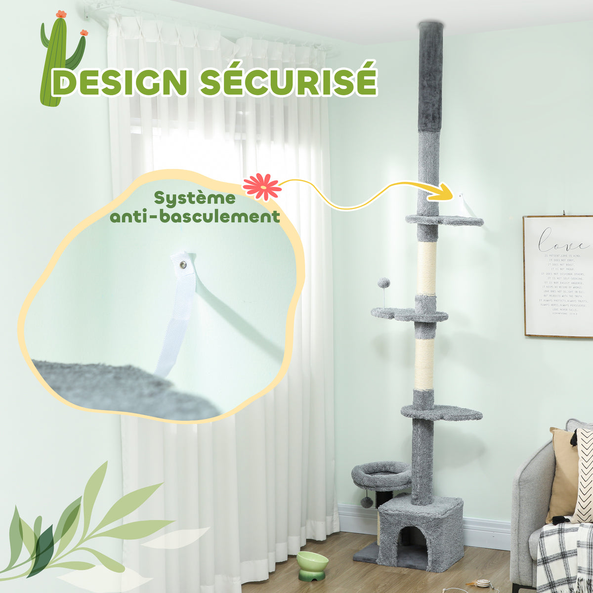 Arbre à chat du sol au plafond, tour à chat réglable en hauteur 225-255 cm à plusieurs niveaux, revêtement peluche, gris