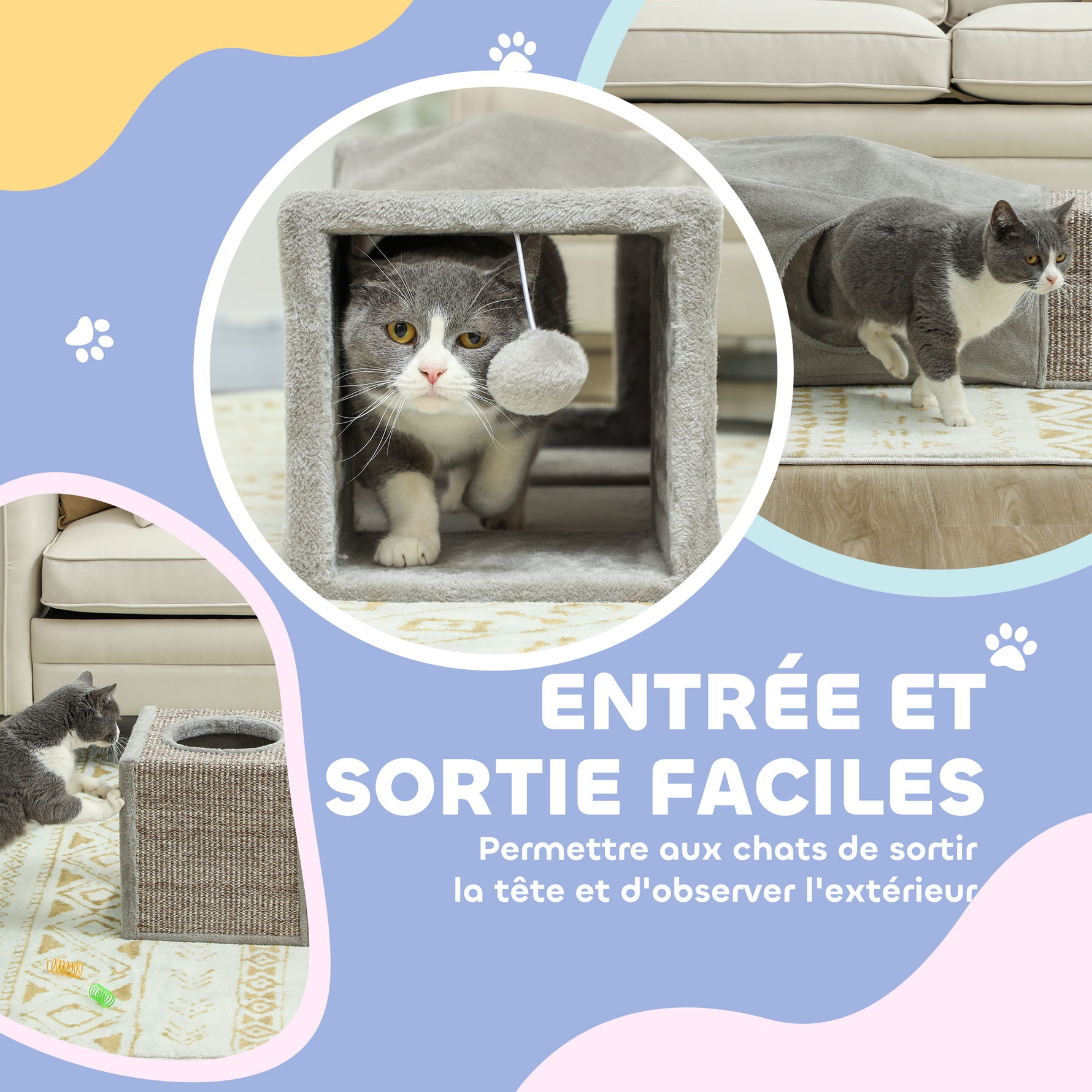 Tunnel pour chat intérieur jouets pour chats avec balle suspendue entrées multiples en sisal 98 x 30 x 30 cm gris