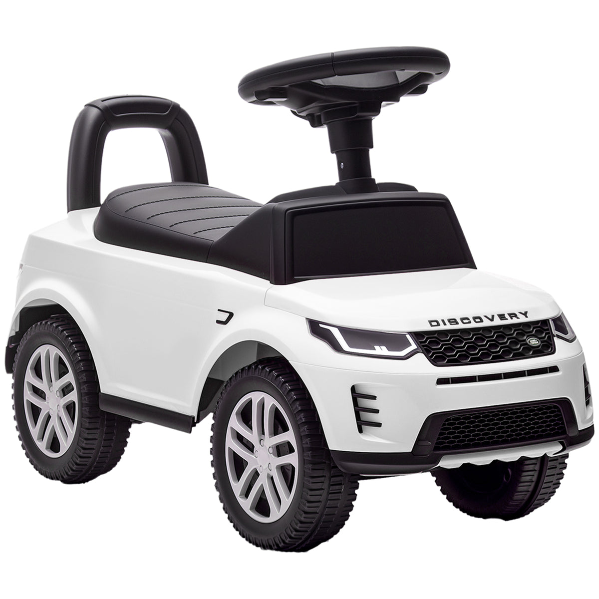 Porteur enfants voiture sous licence Land Rover, véhicule à pousser, klaxon, sons de moteur, rangement sous siège, blanc