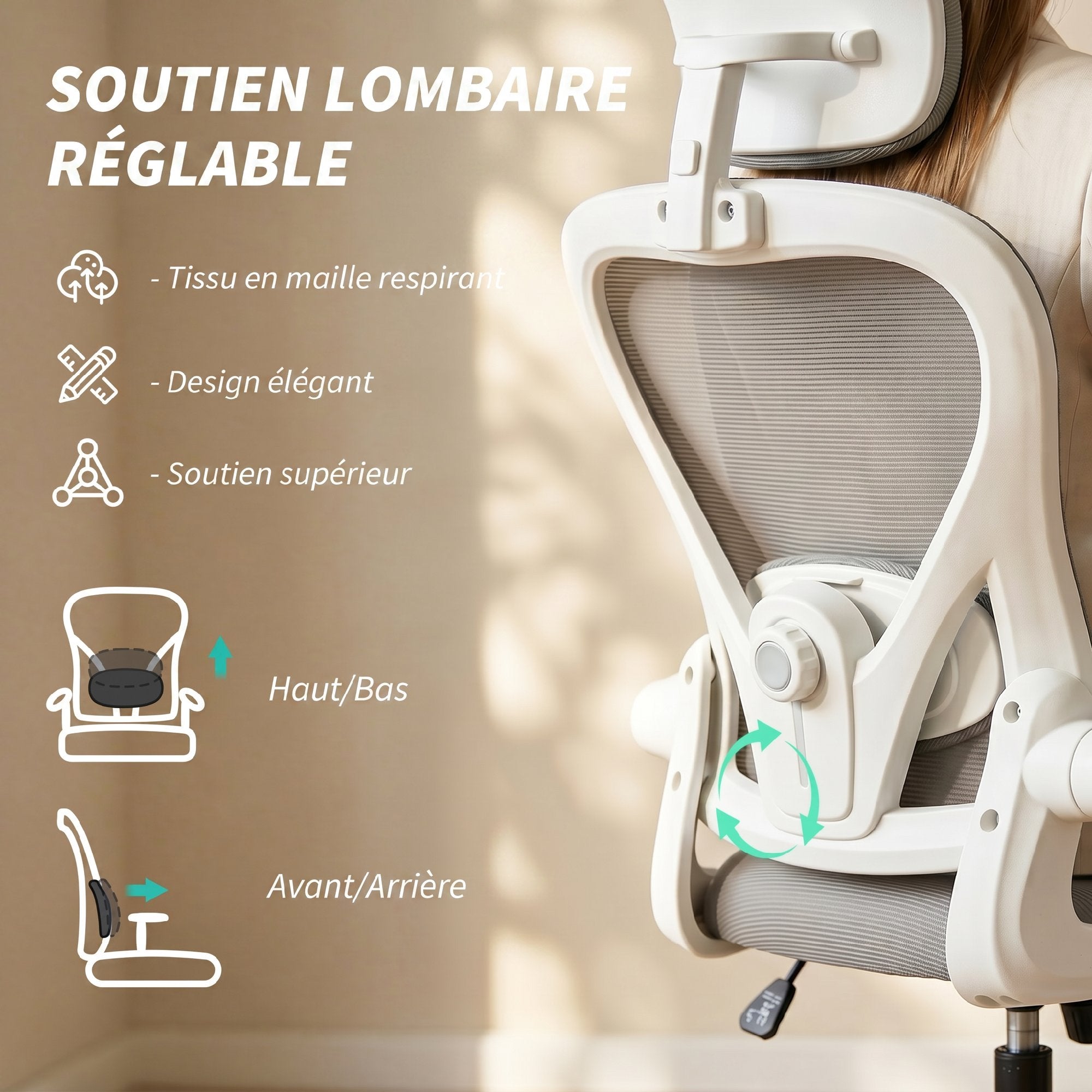 Chaise de Bureau Ergonomique, Fauteuil de Bureau en Maille avec Appui-Tête et Soutien Lombaire Réglables, Gris