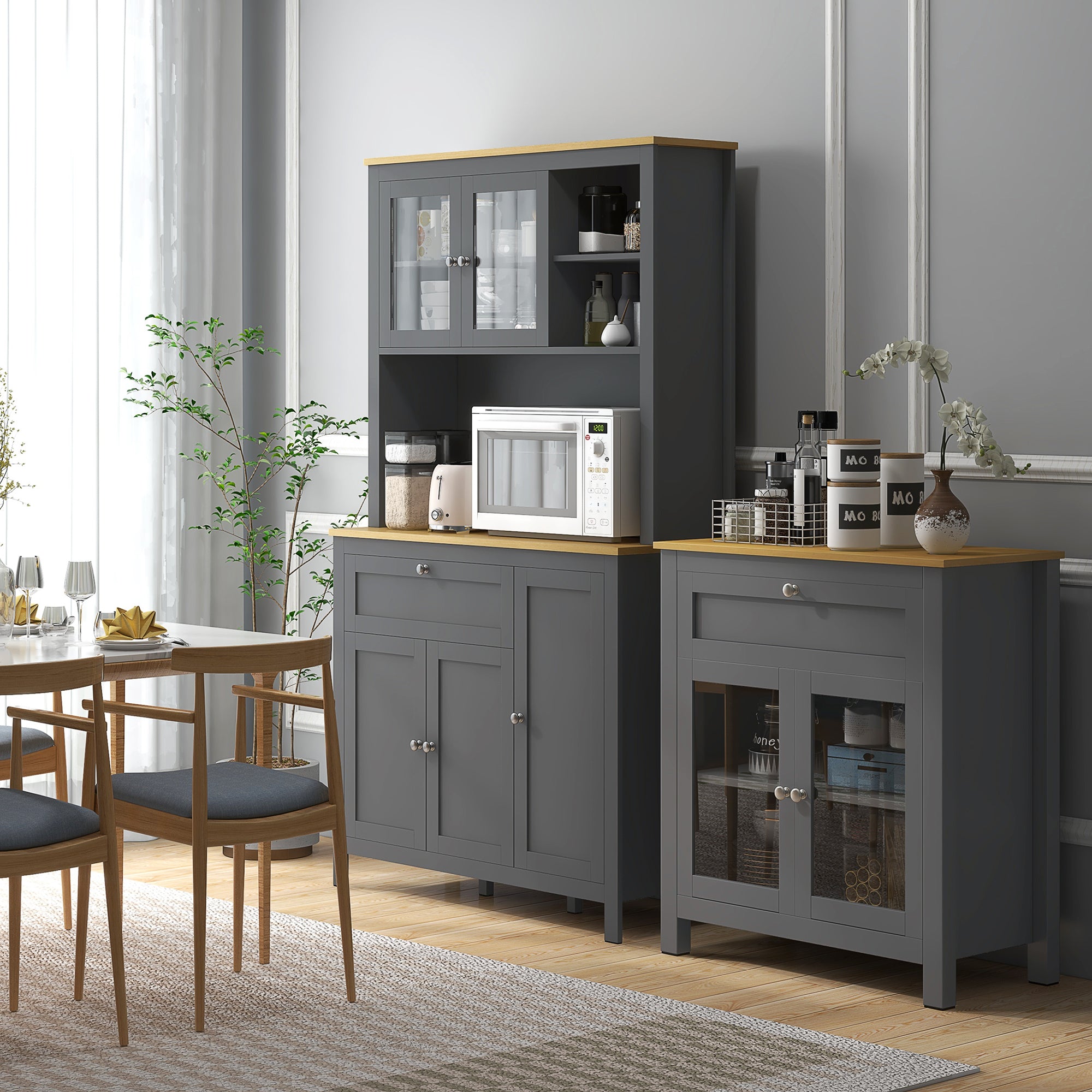 Alacena de cocina buffet con 5 puertas, incluidas 2 puertas acristaladas, 1 cajón y 1 nicho central - altura 180 cm gris