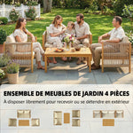 Salon de Jardin Ensemble de Mobilier 4 Pièces en Bois d'Acacia Coussins Déhoussables et Corde Tressée Naturel