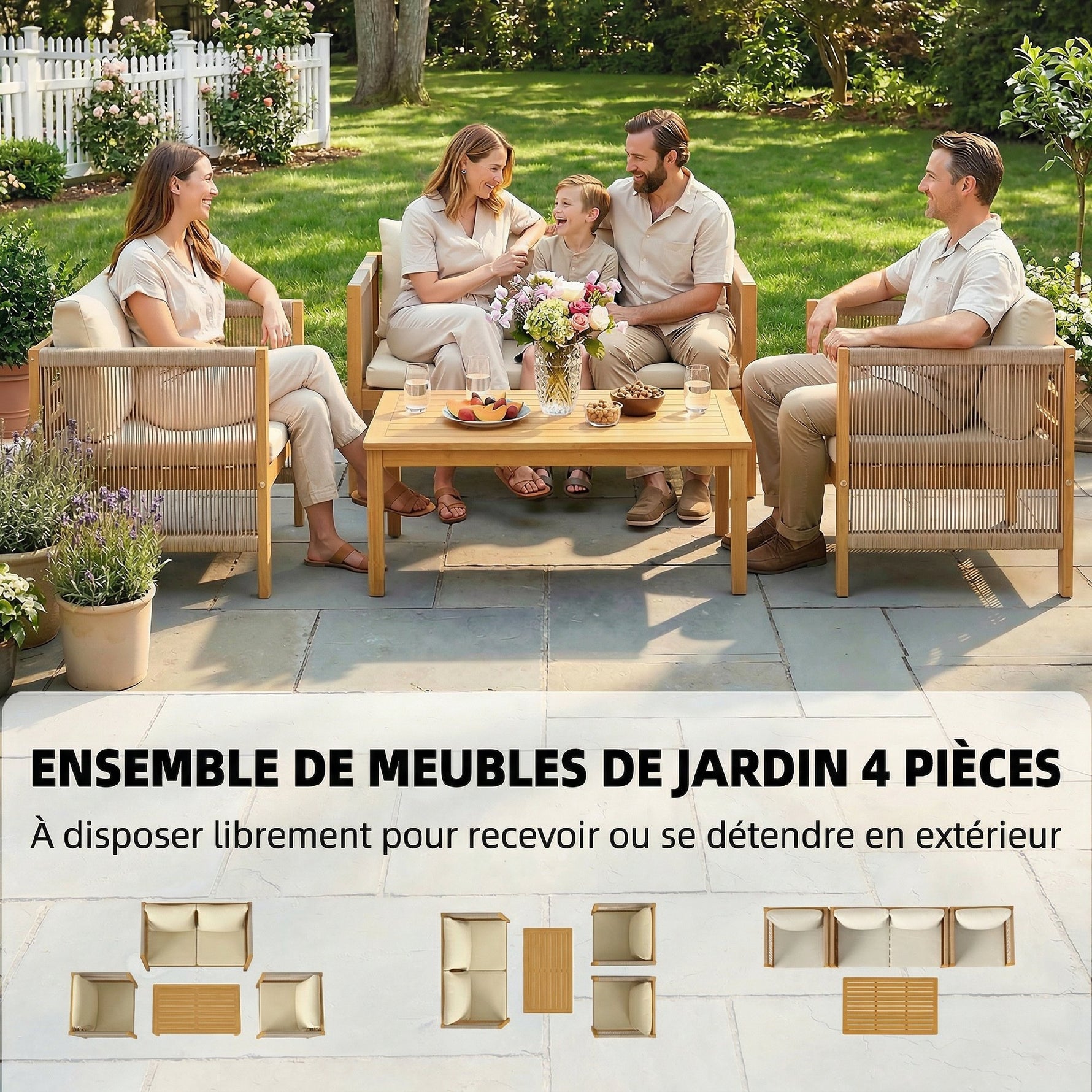 Salon de Jardin Ensemble de Mobilier 4 Pièces en Bois d'Acacia Coussins Déhoussables et Corde Tressée Naturel