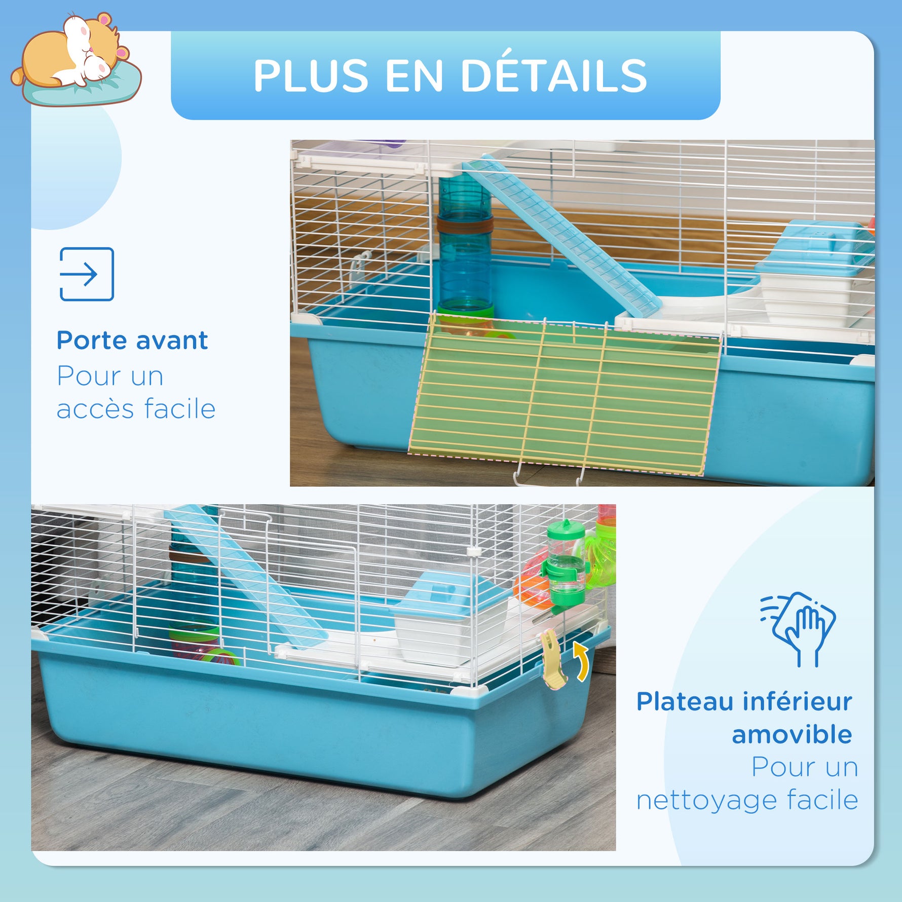 Cage à hamster rat rongeur 3 niveaux avec tunnel, biberon eau, roue, maisonnette, échelles dim. 59L x 36l x 47H cm