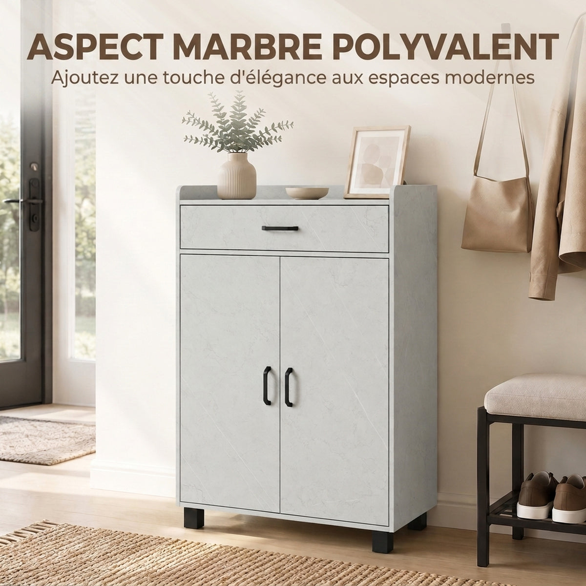 Meuble à Chaussures, Armoire à Chaussures avec 2 Portes, Tiroir, 5 Compartiments et Étagères Réglables, Gris