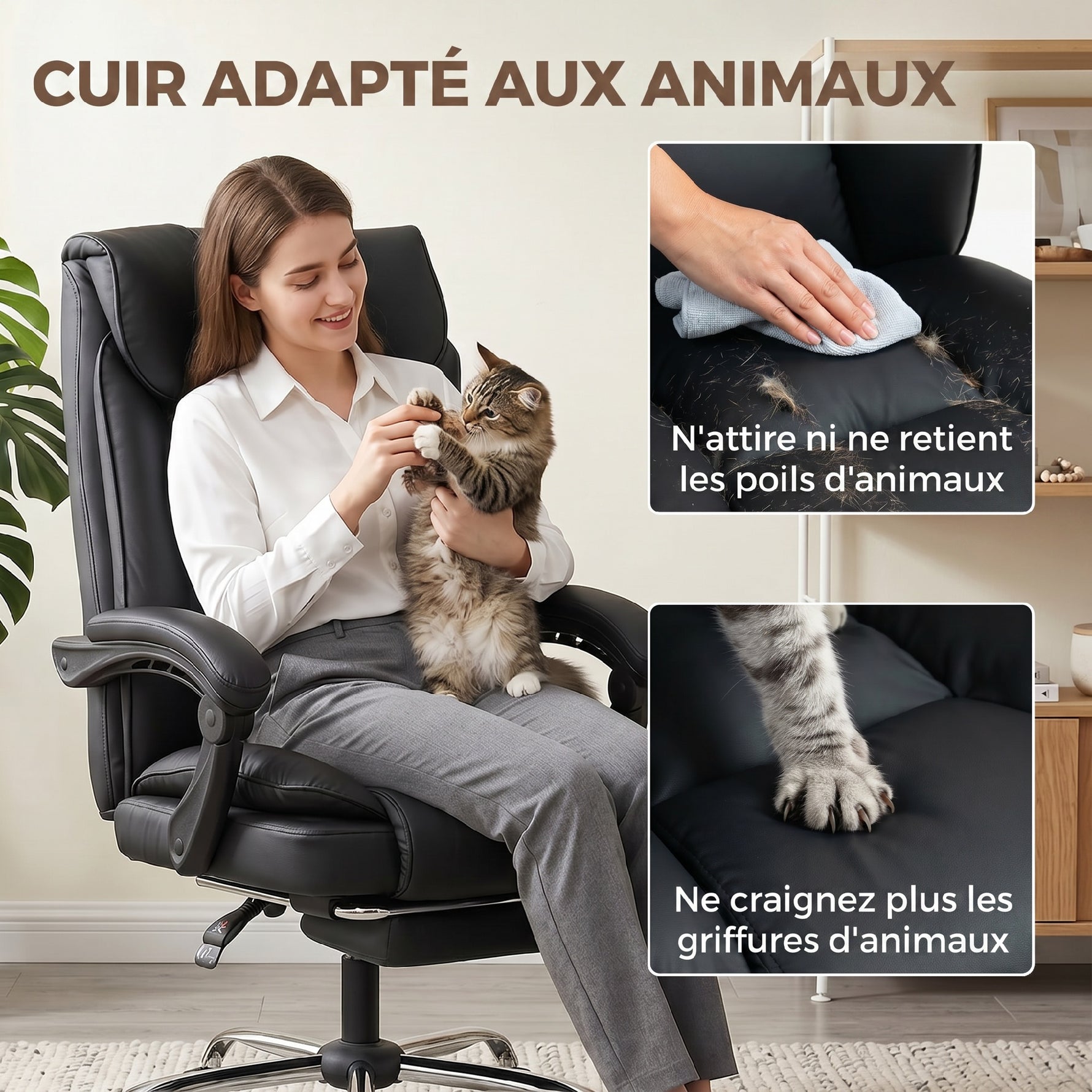 Chaise de bureau ergonomique, fauteuil de bureau inclinable avec repose-pieds, hauteur réglable, pivotante 360°, noir