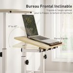 Bureau assis debout bureau réglable en hauteur 60 x 60 cm à roulettes avec plateau inclinable cadre en métal naturel