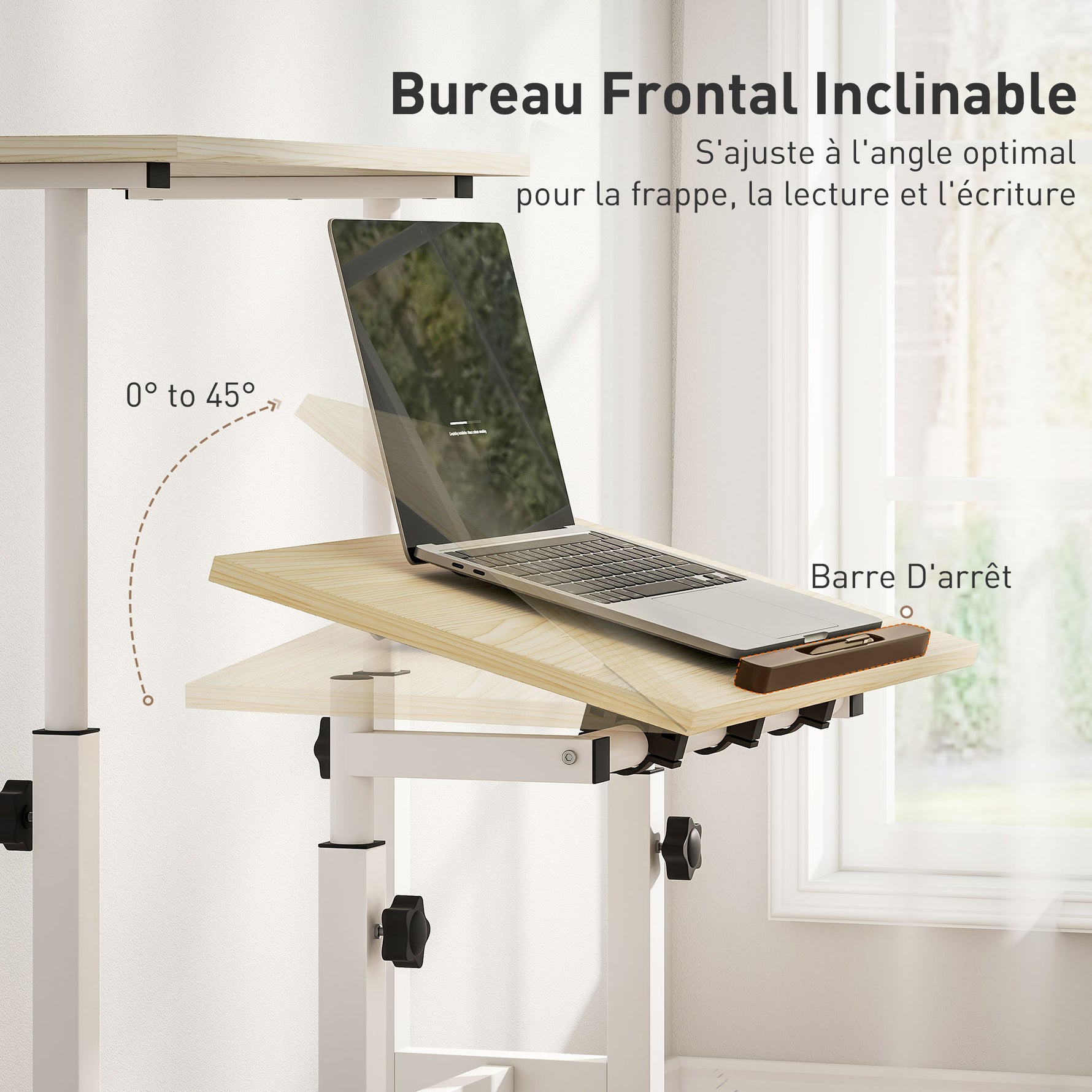 Bureau assis debout bureau réglable en hauteur 60 x 60 cm à roulettes avec plateau inclinable cadre en métal naturel