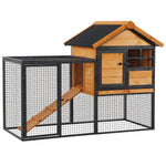 Clapier cage à lapins cottage - niche supérieure avec rampe et enclos extérieur - plateau excrément, fenêtre, 2 portes verrouillables - métal époxy sapin pré-huilé
