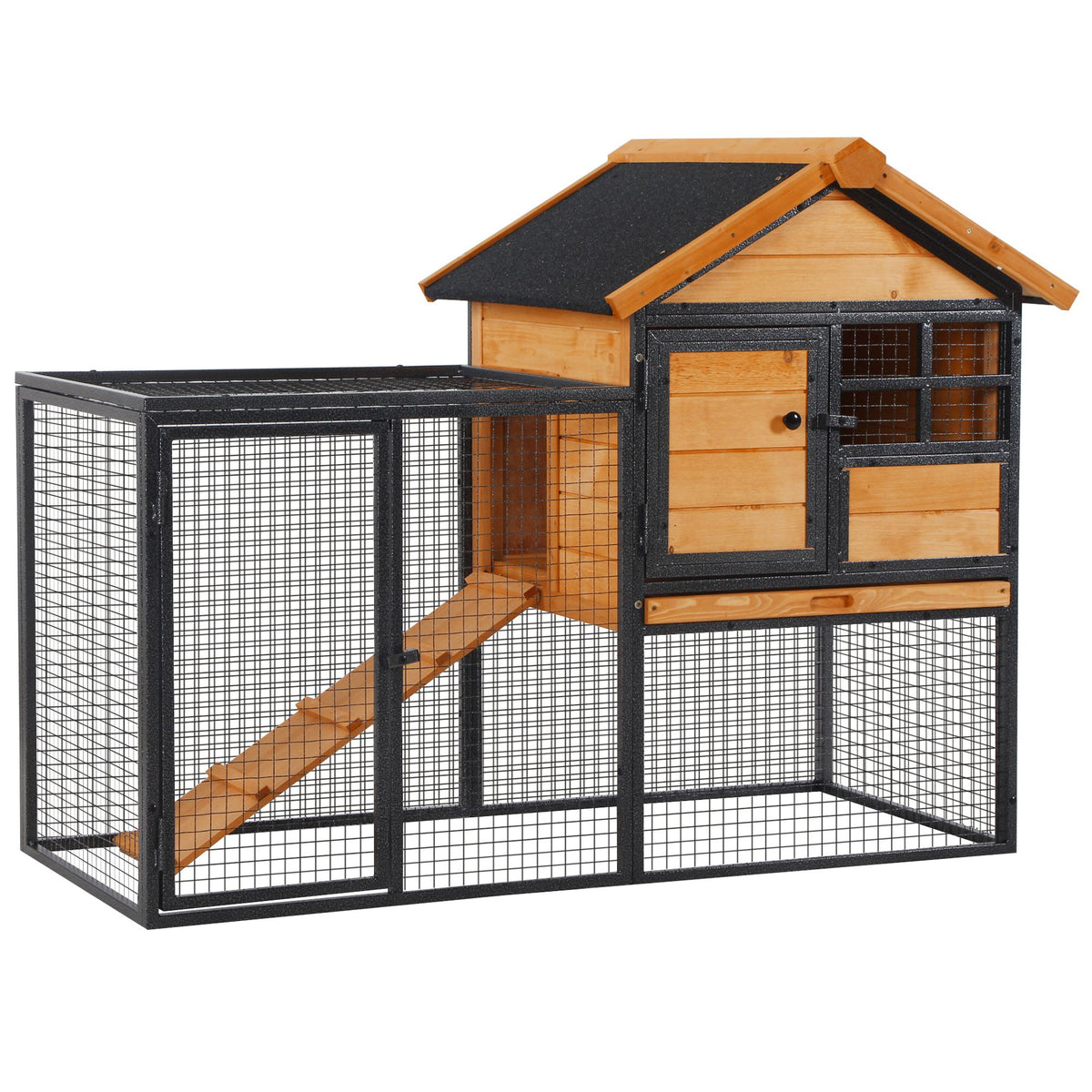 Clapier cage à lapins cottage - niche supérieure avec rampe et enclos extérieur - plateau excrément, fenêtre, 2 portes verrouillables - métal époxy sapin pré-huilé