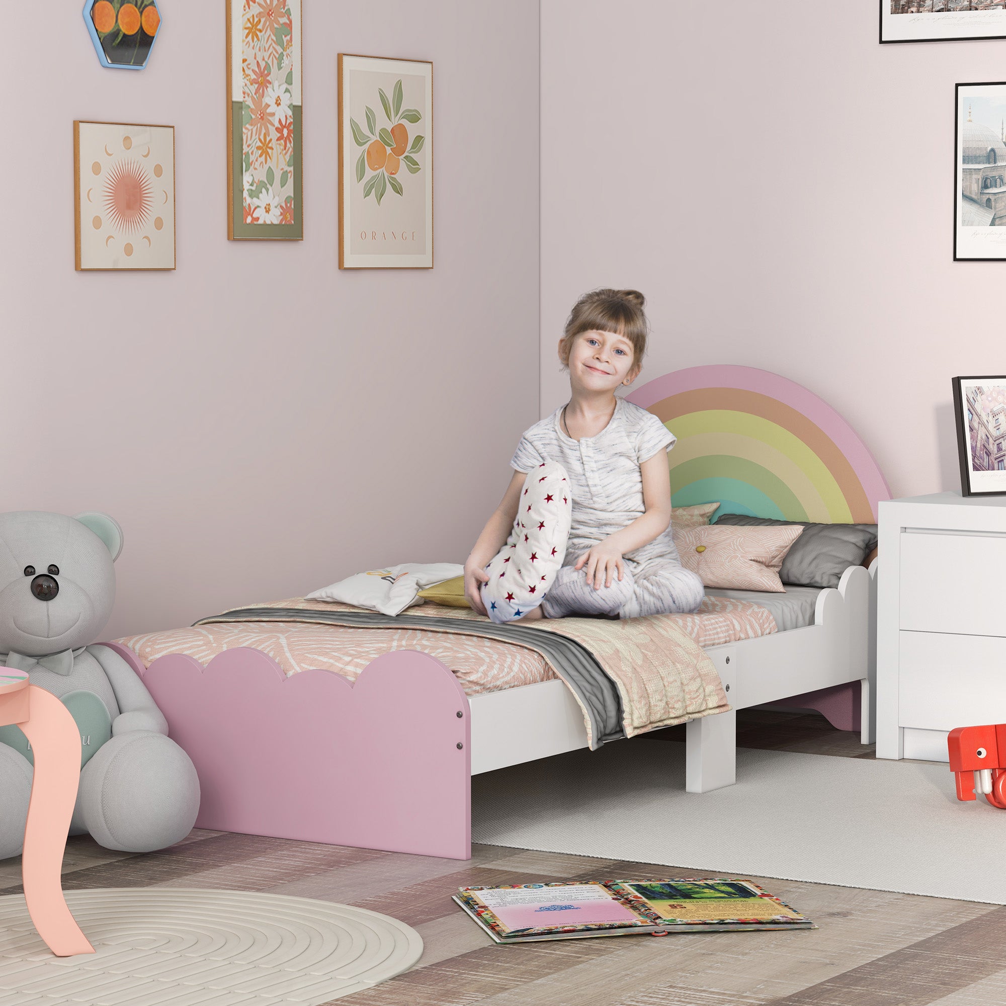 Kinderbett für Kinder von 3 bis 6 Jahren, 143 x 74 x 66 cm, Regenbogen-Design, inklusive Lattenrost, modernes Kinderzimmer, Rosa