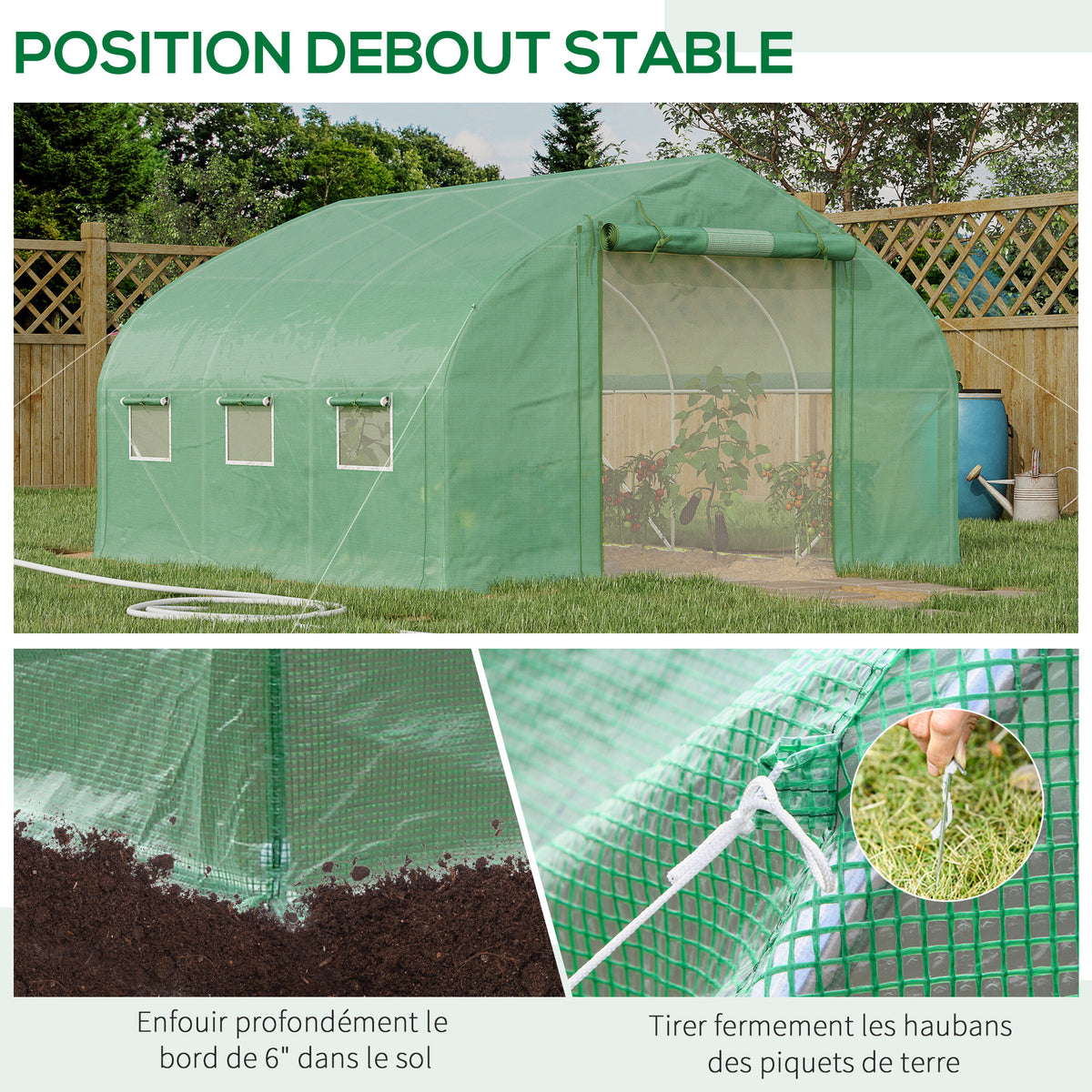 Serre de jardin tunnel 10,4 m² serre de jardin anti-UV porte zippée enroulable fenêtres maille 350 x 300 x 200 cm vert