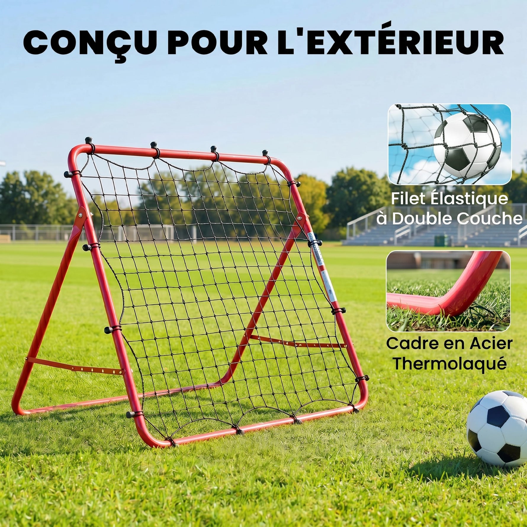 Filet de Rebond Football Portable, 5 Angles Réglables en Acier et Nylon à Double Couche, 103x72x89cm, Rouge