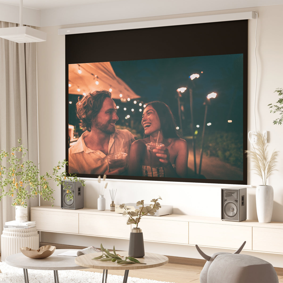 Écran vidéoprojecteur 100 Pouces, 16:9 4K HD écran de projection motorisé et électrique, écran de projection tv et home cinéma, montage mural ou plafond, panneau de commande et télécommande