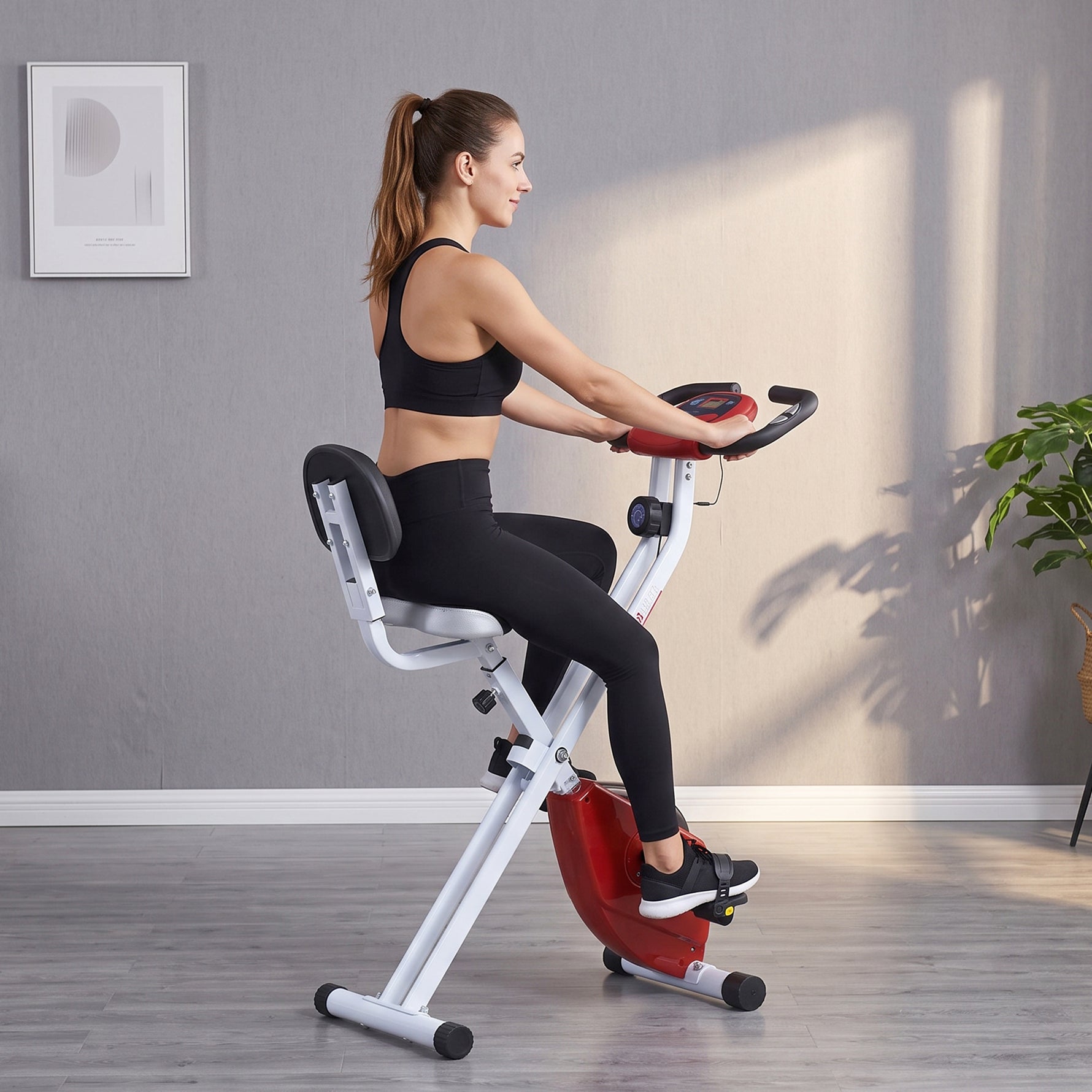 Vélo d'Appartement Pliable Magnétique Cardio-training - Sport Maison avec 8 Niveaux de Résistance et Roulettes - Silencieux Home Trainer avec Capteur de Pouls pour Fitness Homme et Femme, Rouge